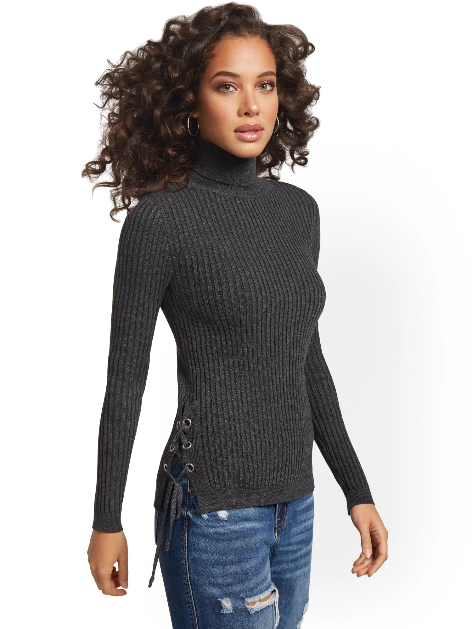Ribbed Lace-Up Turtleneck Sweater - Image 9