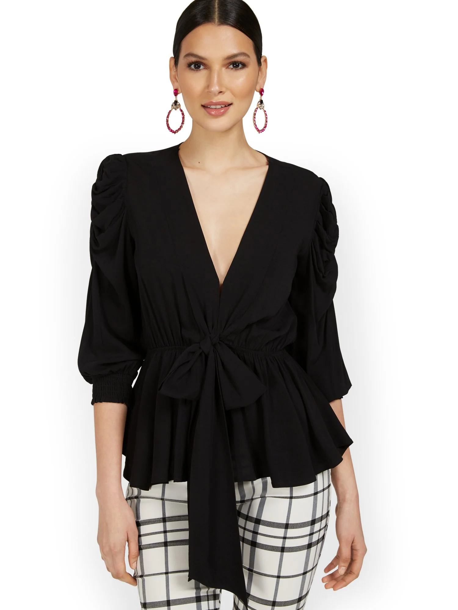 Ruche-Sleeve Drapey Tie-Front Top - Image 2