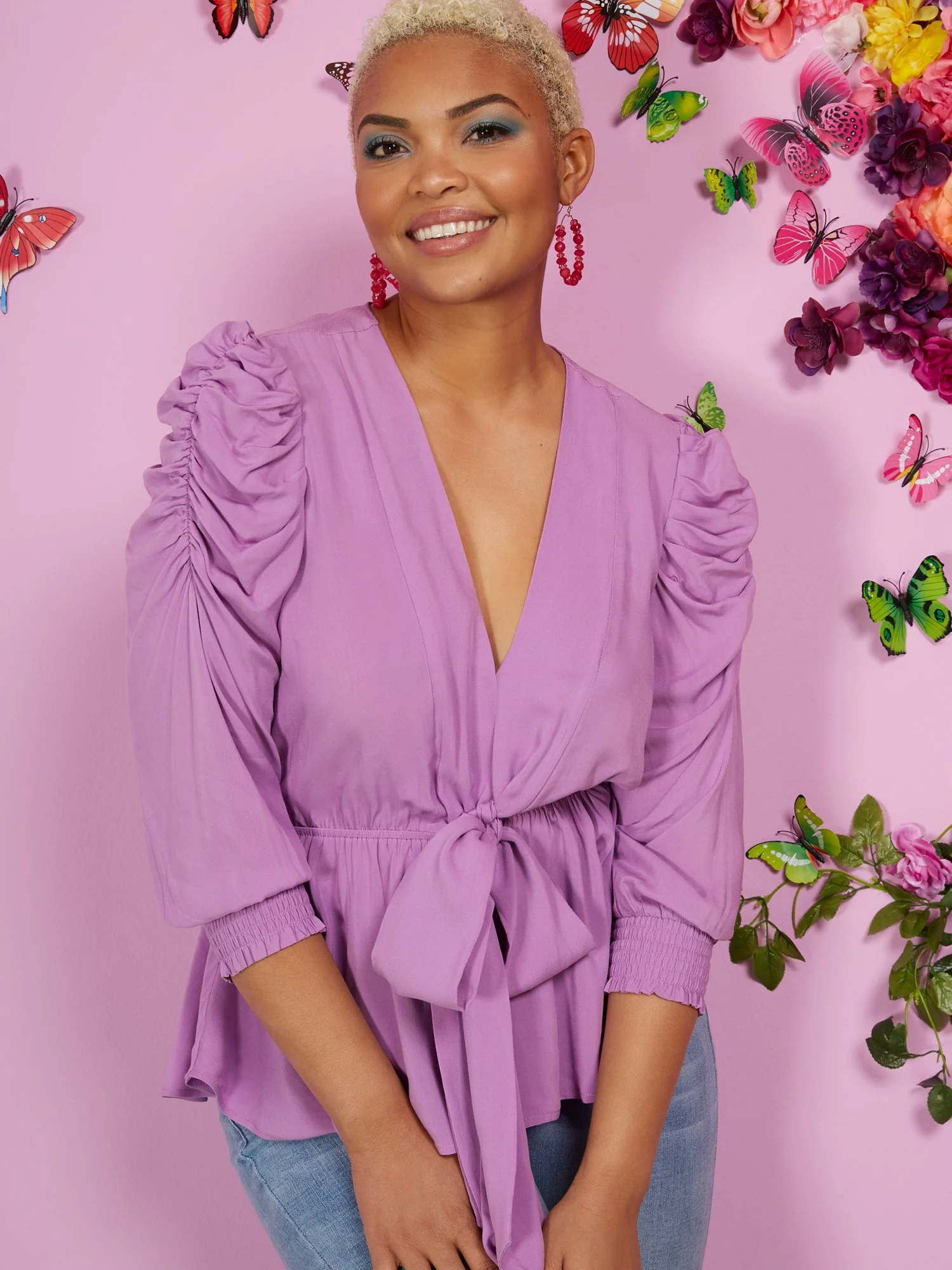 Ruche-Sleeve Drapey Tie-Front Top - Image 6