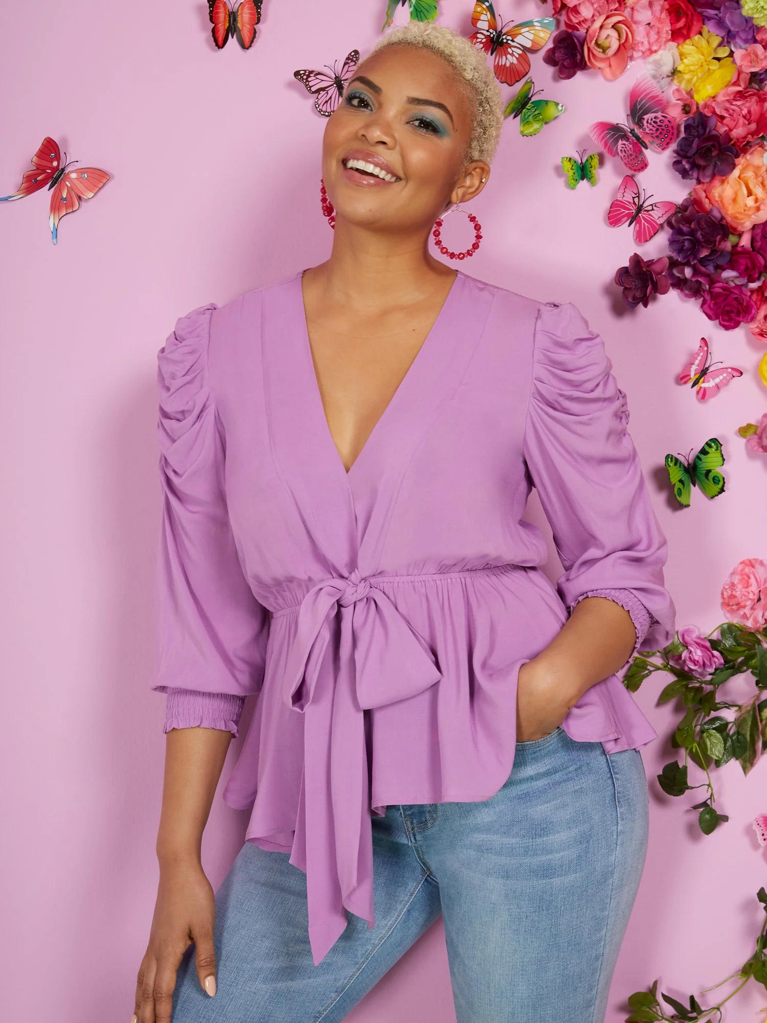 Ruche-Sleeve Drapey Tie-Front Top - Image 7