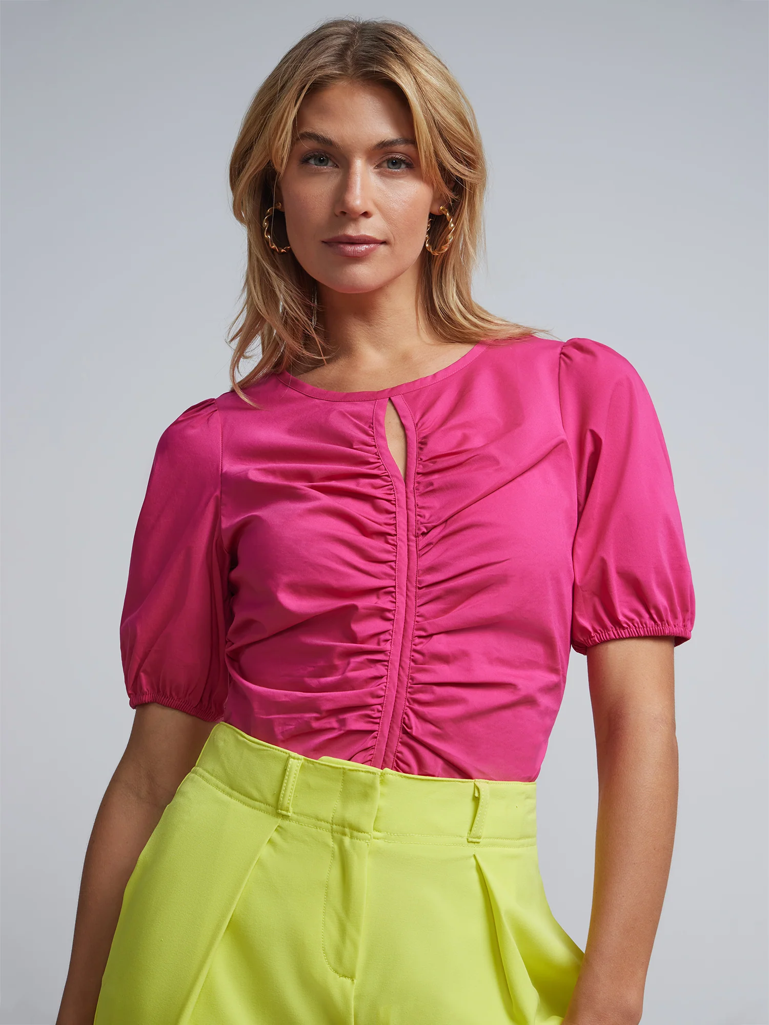 Ruched Cut-Out Puff-Sleeve Top