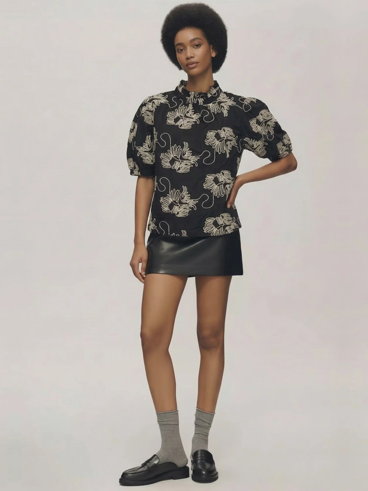 Ruffle Neck Embroidered Floral Blouse - Image 7