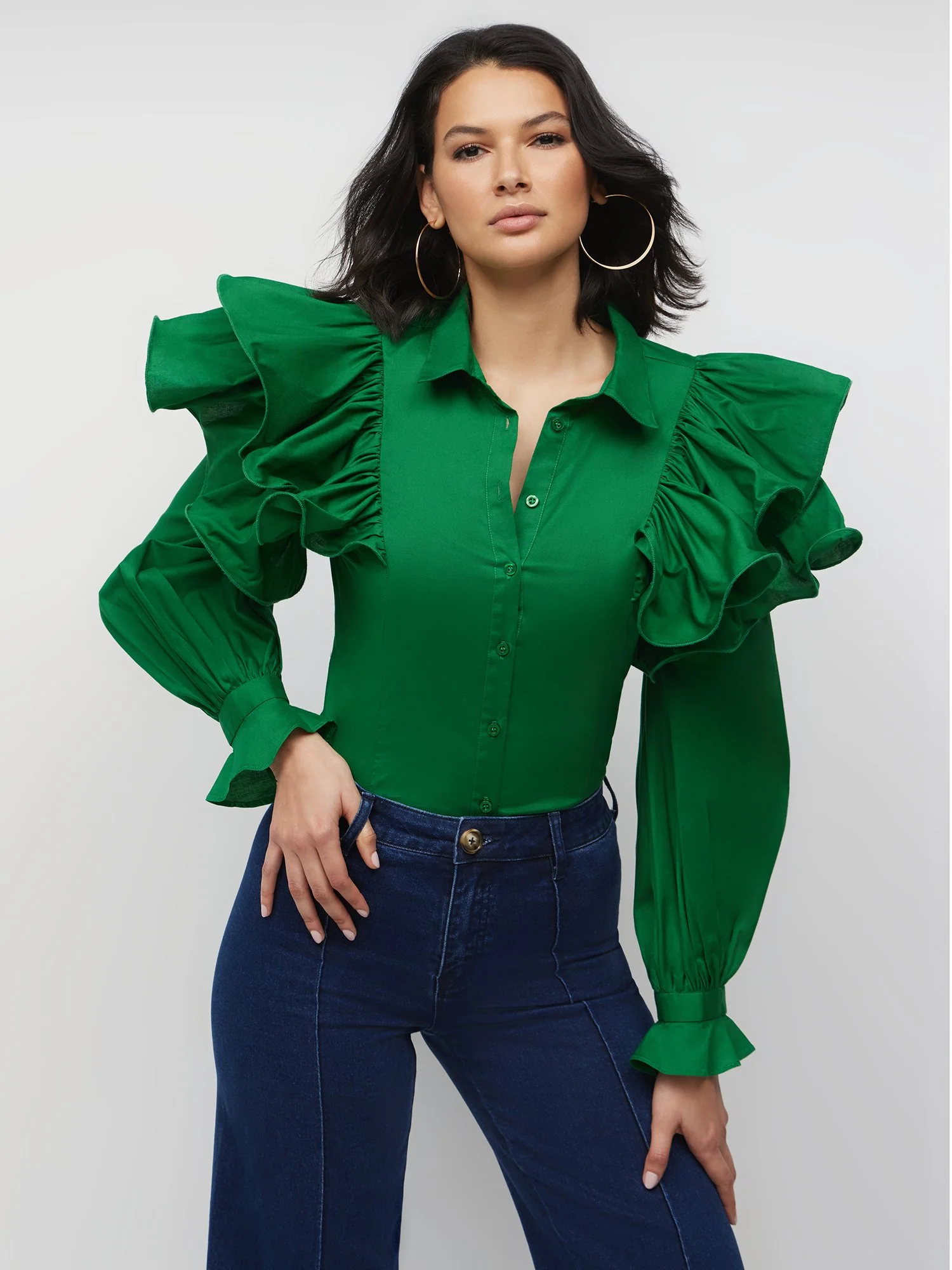Ruffle-Shoulder Button-Front Poplin Shirt