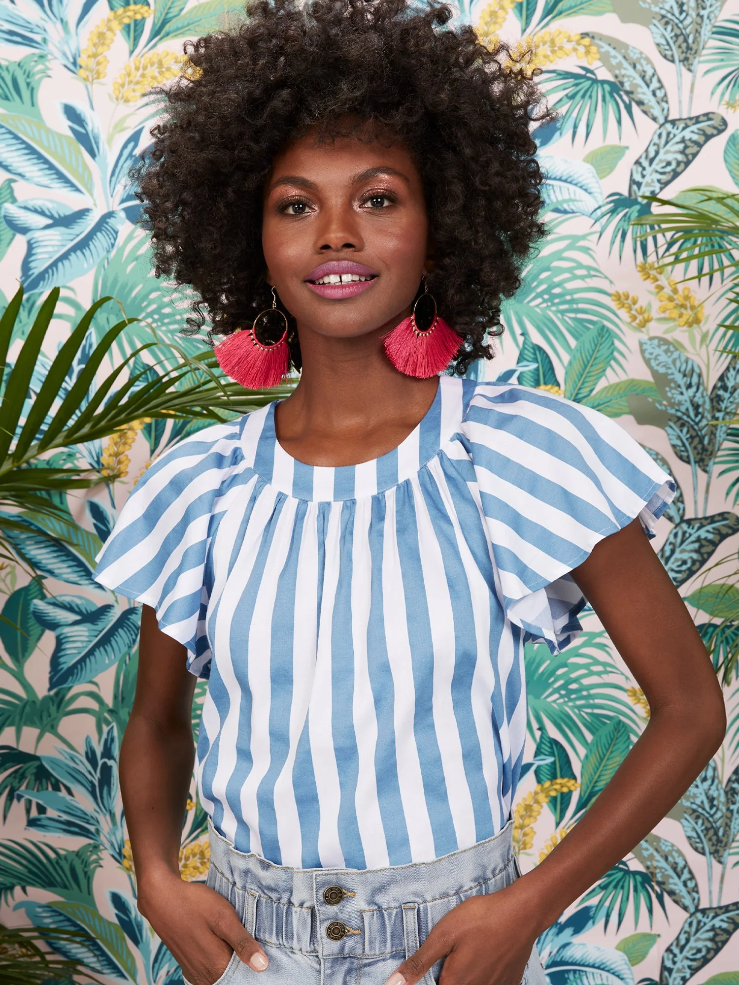 Ruffle-Sleeve Stripe Poplin Top - Image 2