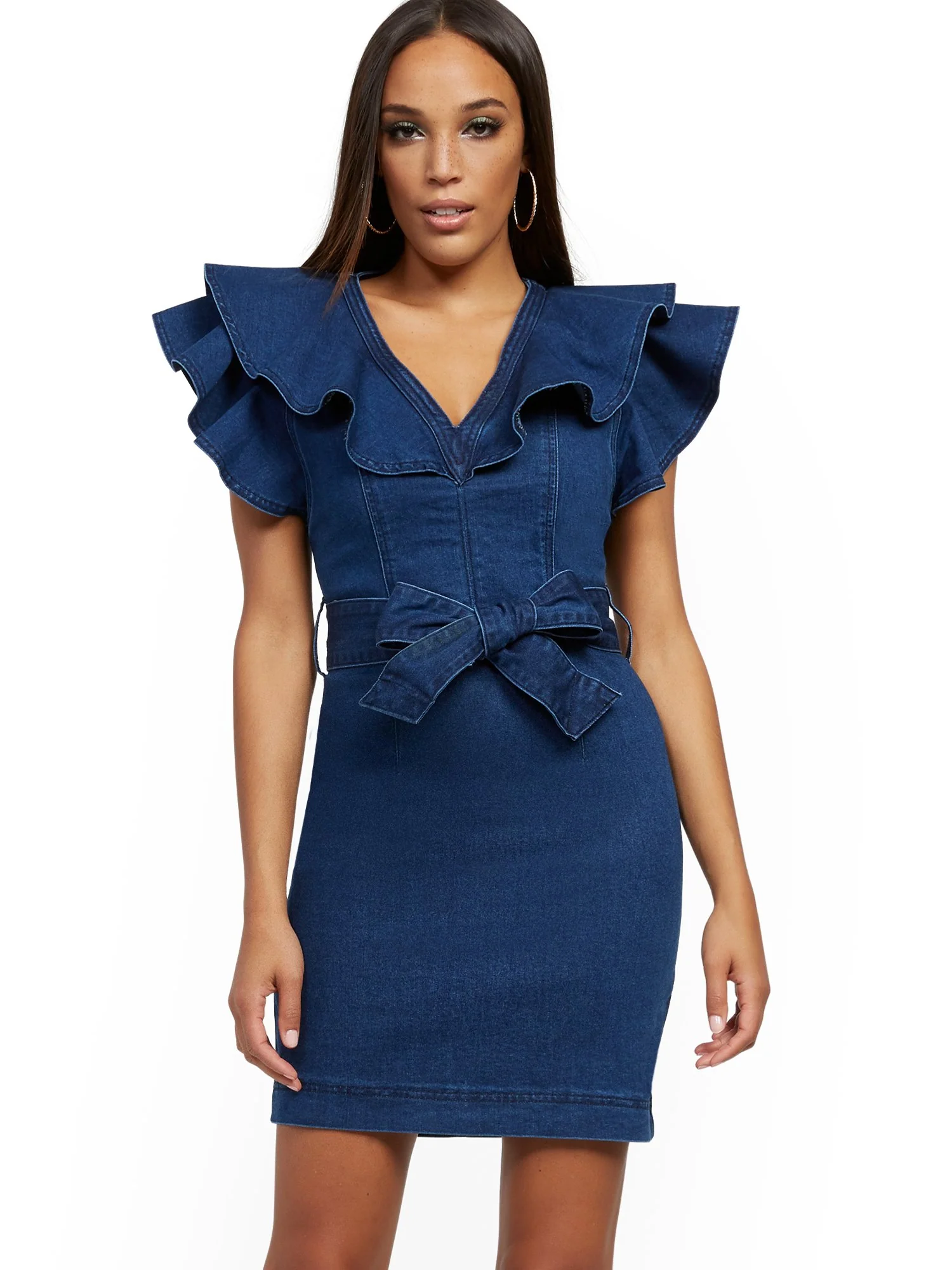 Ruffled Denim Sheath Dress - Dark Wash - Image 2