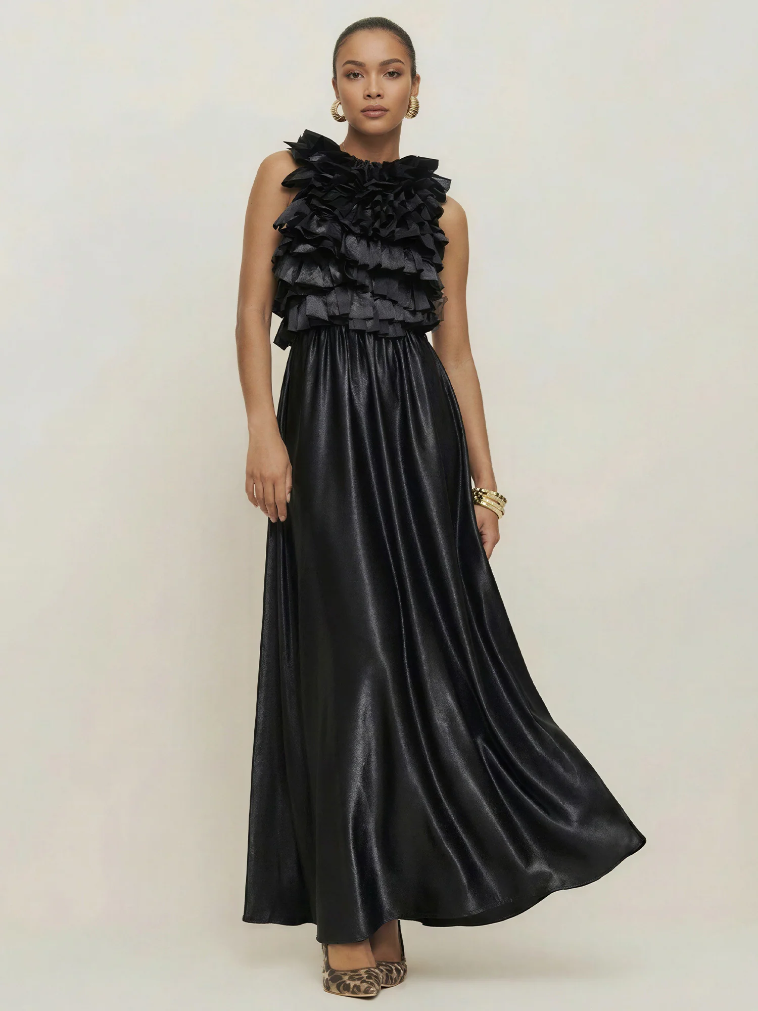 Ruffled Top Satin Maxi Dress