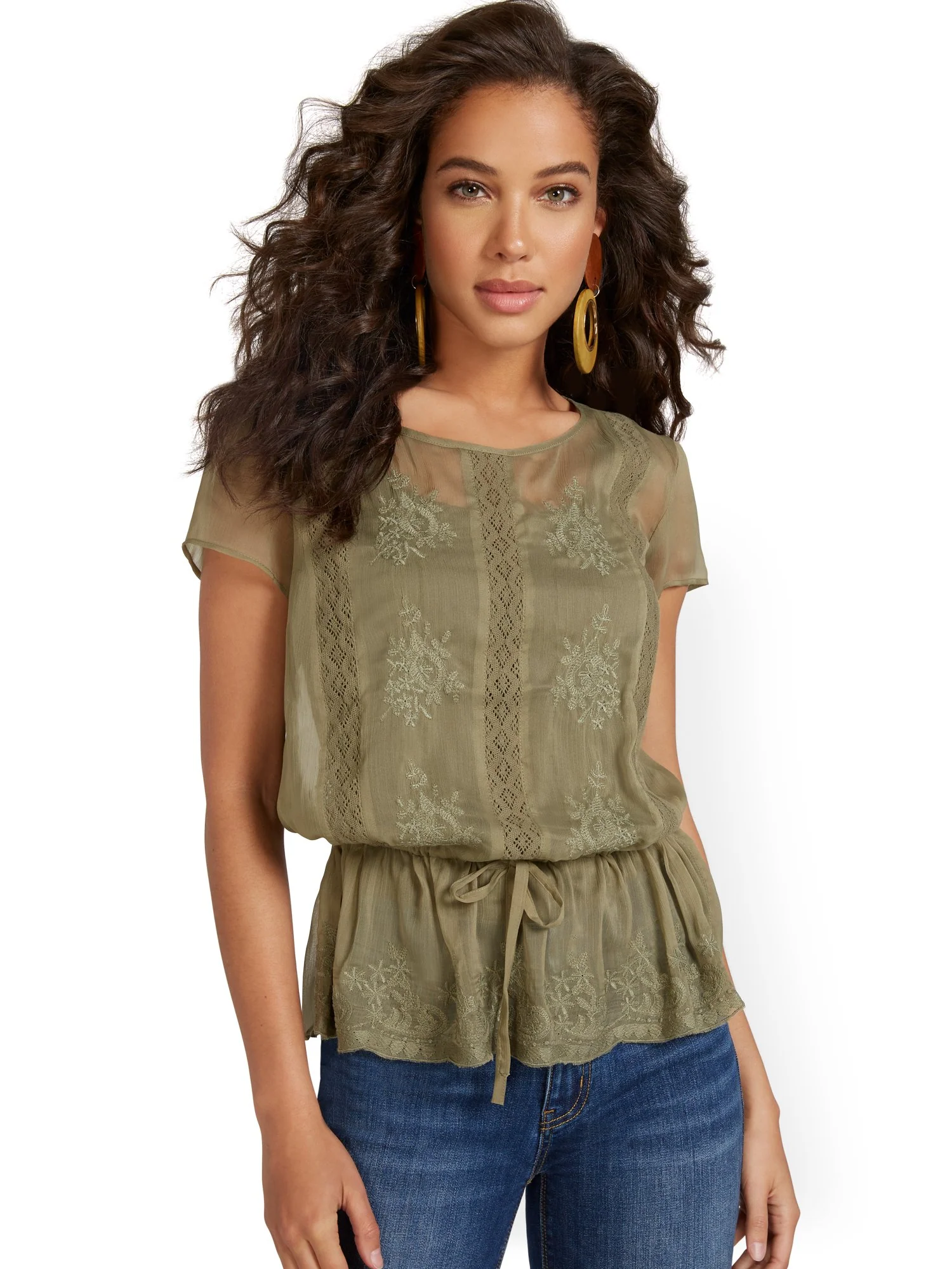 Semi-Sheer Embroidered Peplum Blouse - Lily & Cali - Image 6