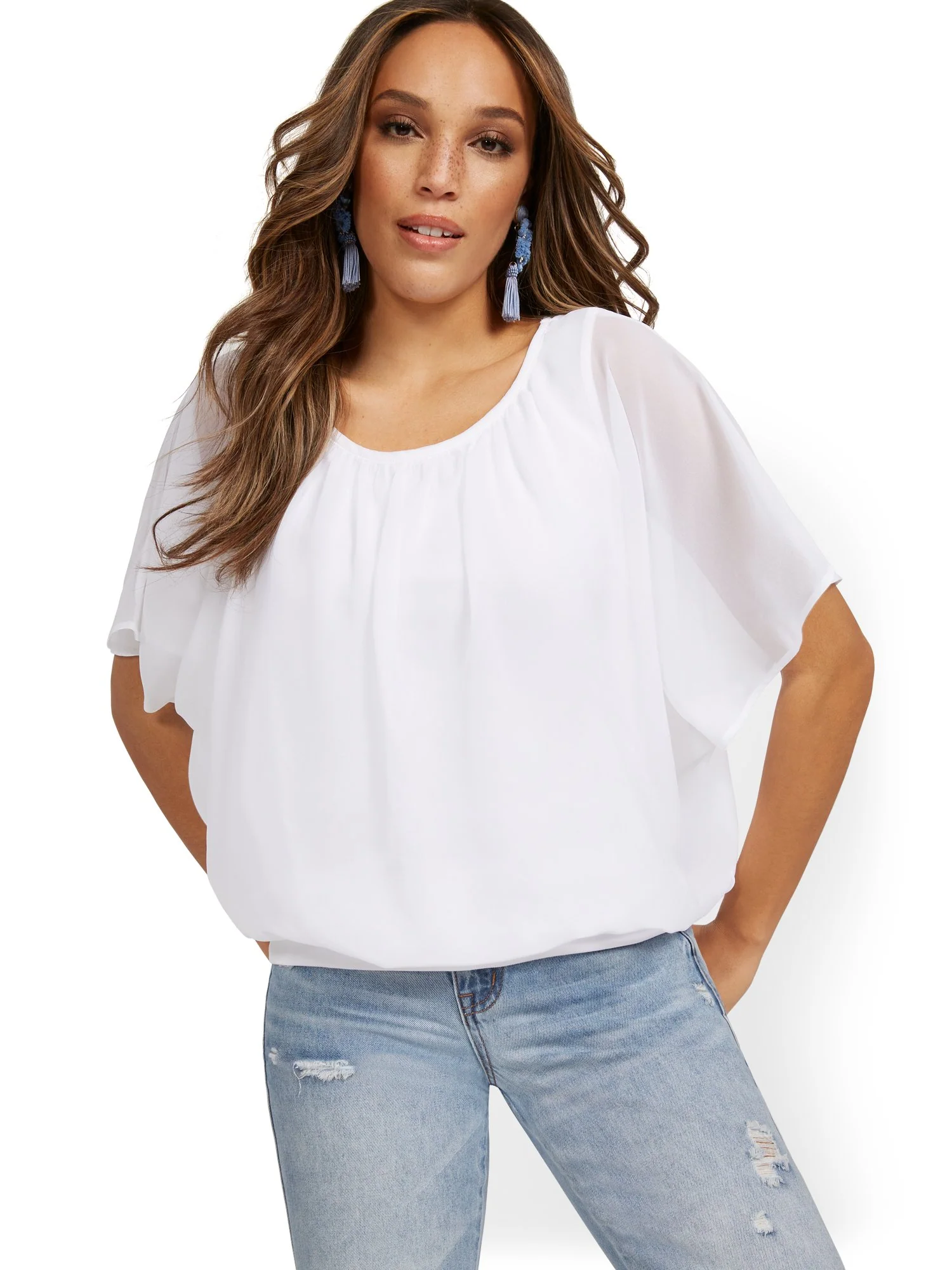 Semi-Sheer Flutter Dolman-Sleeve Top - Image 2