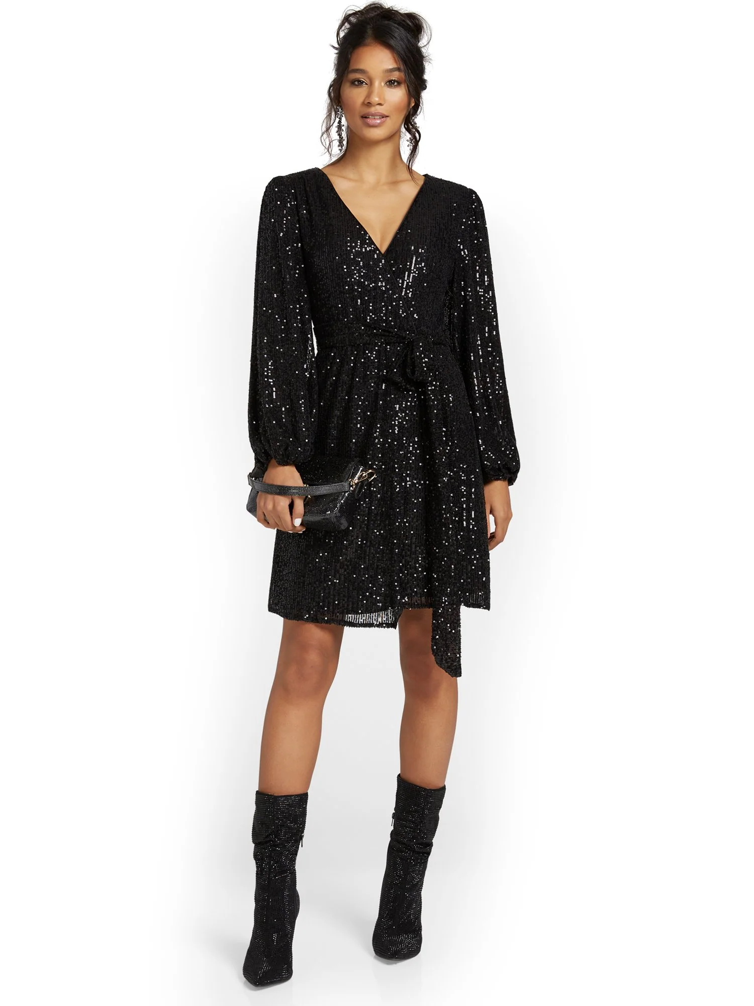 Sequin Balloon-Sleeve Wrap Dress - Image 2