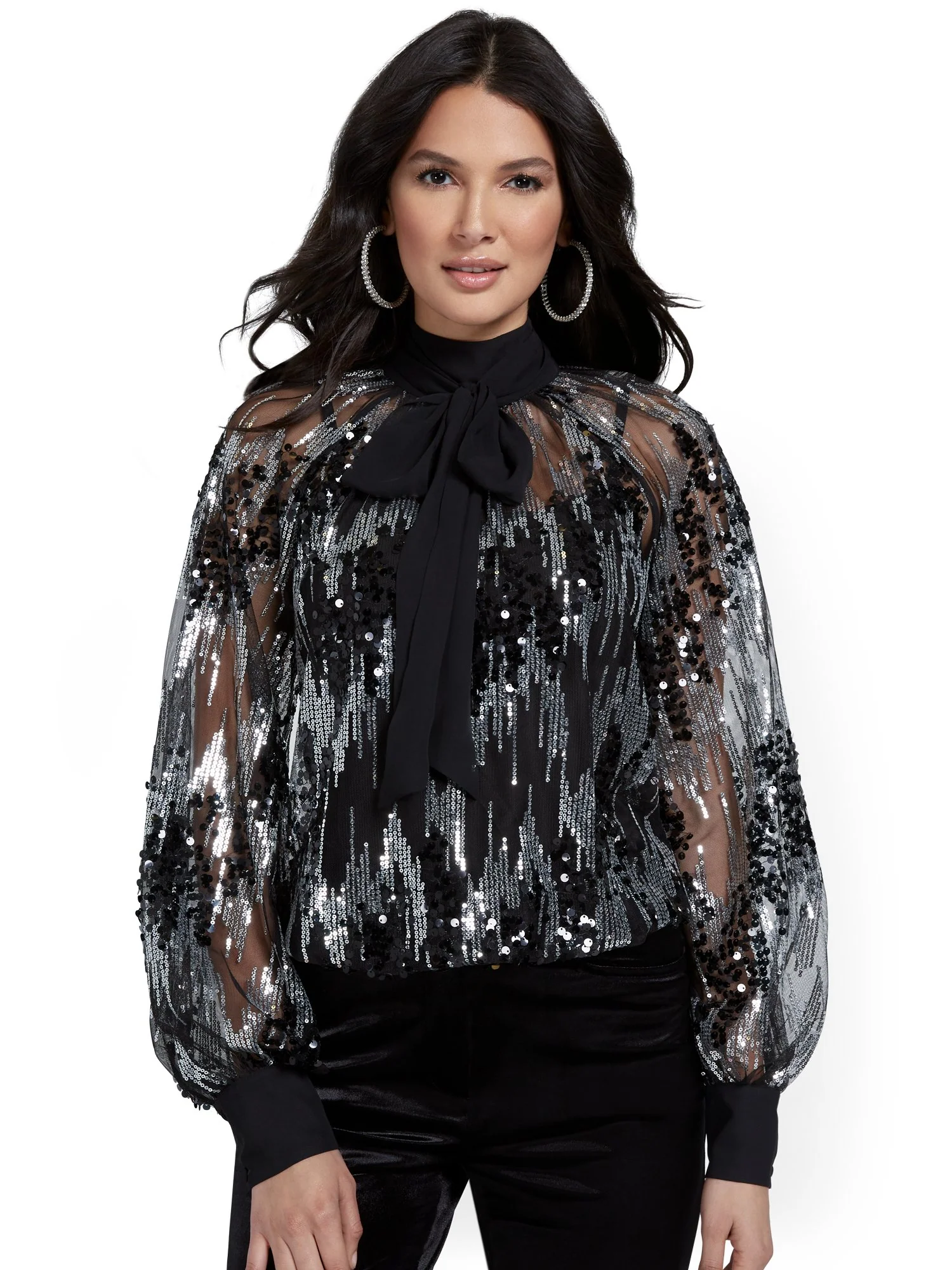 Sequin Mesh Bow-Front Blouse