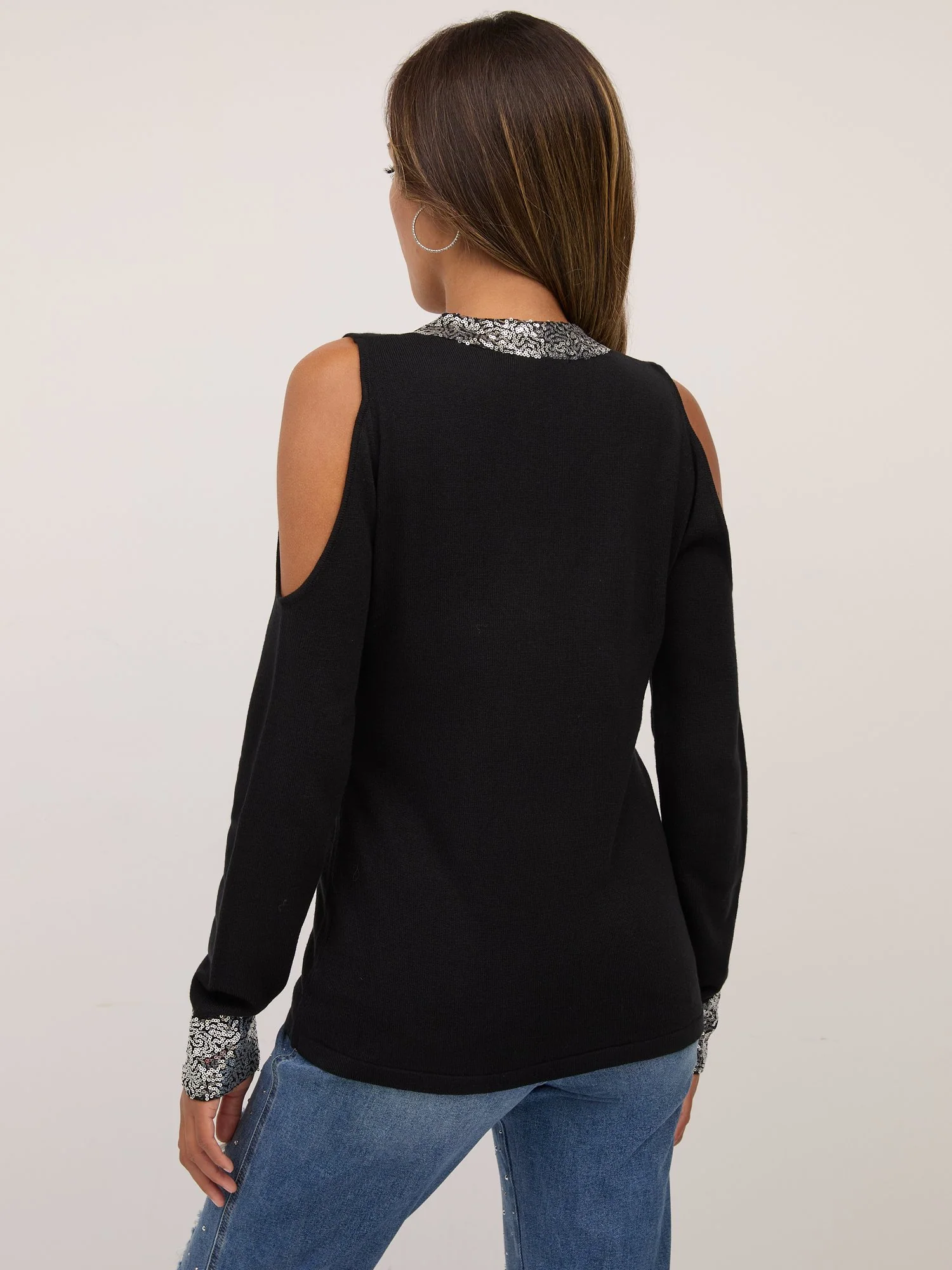 Sequin-Trim Cold-Shoulder Sweater - Image 3
