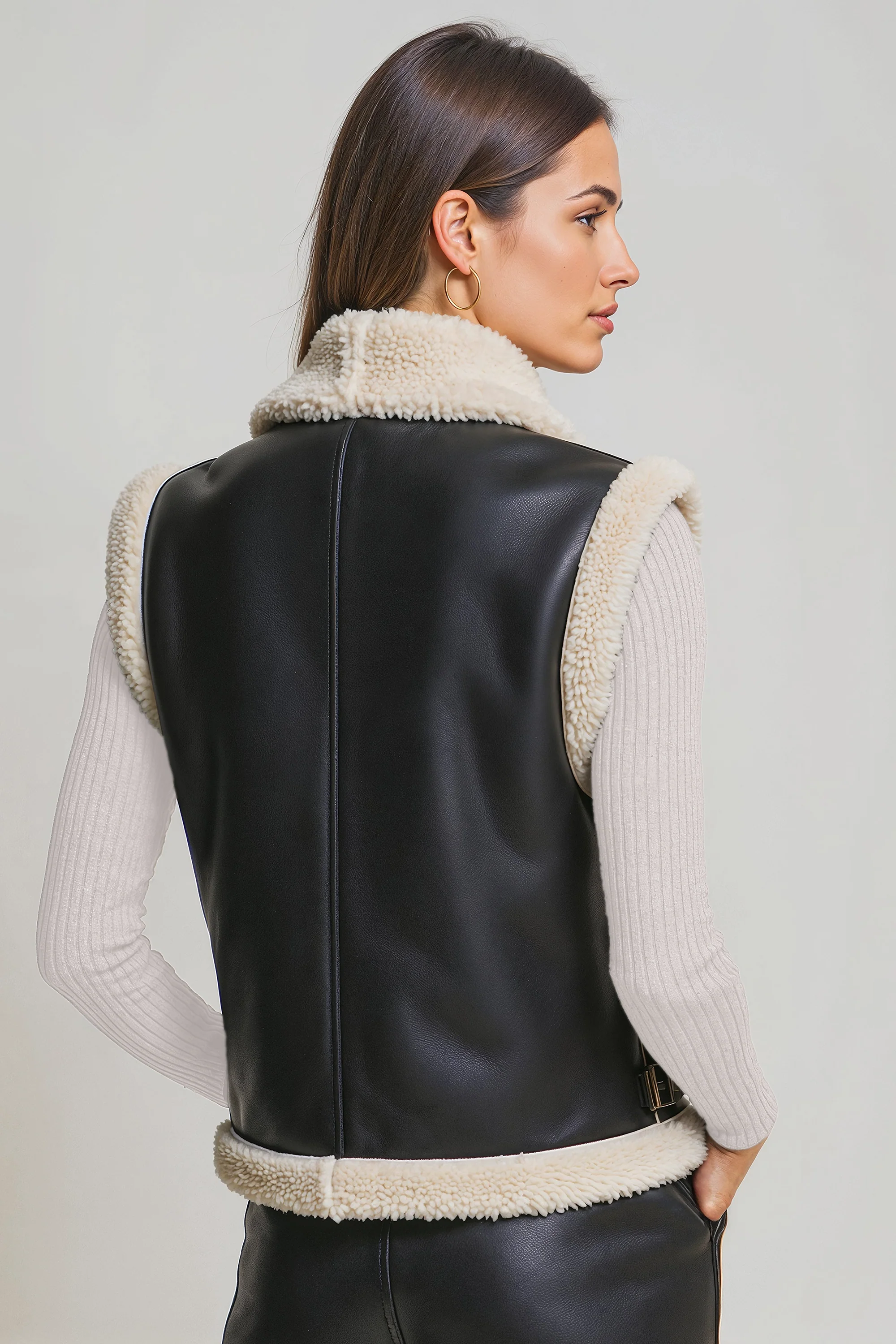 Stylish Sherpa Collar Vegan Leather Vest - Image 5