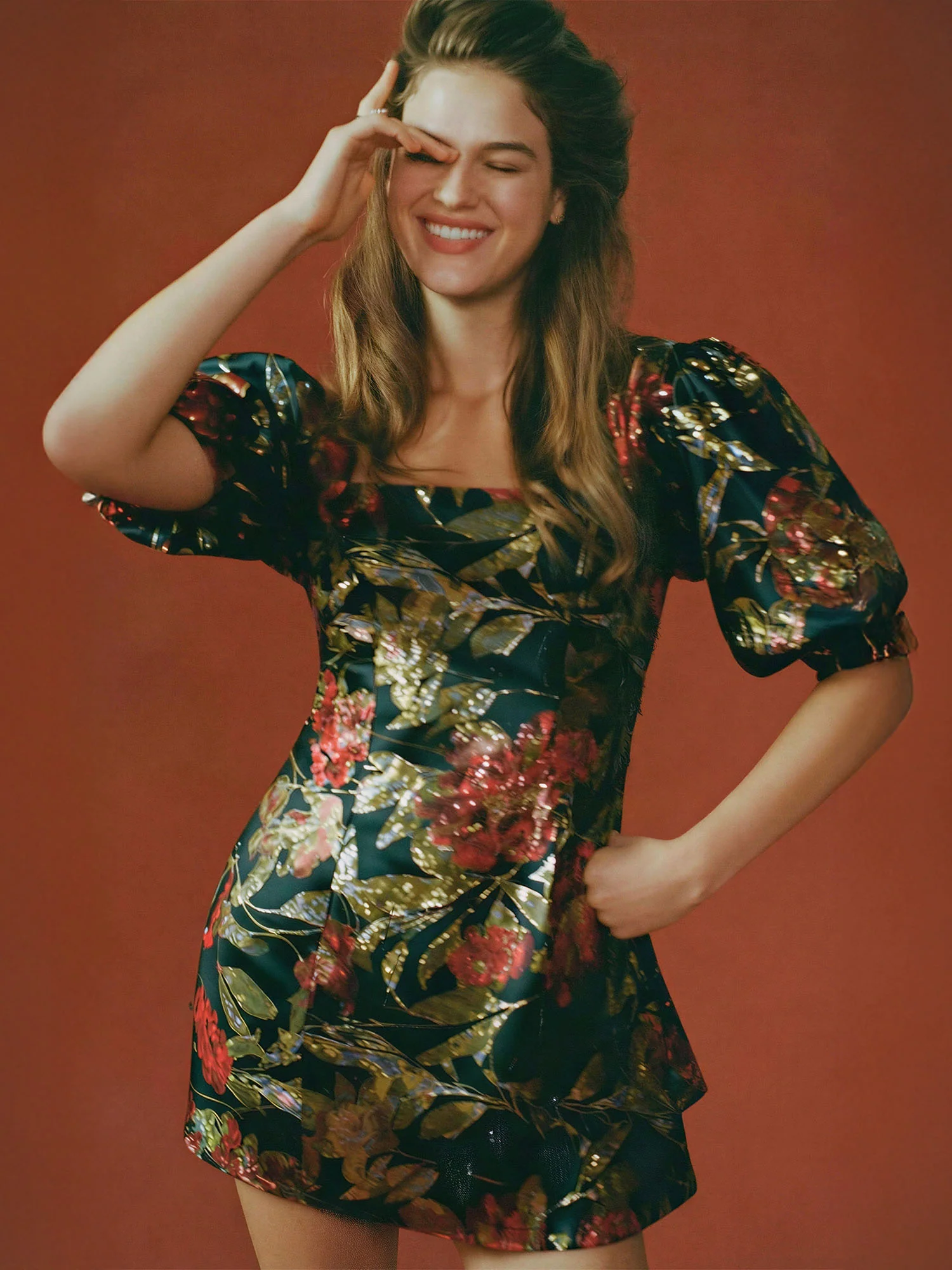 Short Puff Sleeve Floral Jacquard Mini Dress - Image 2