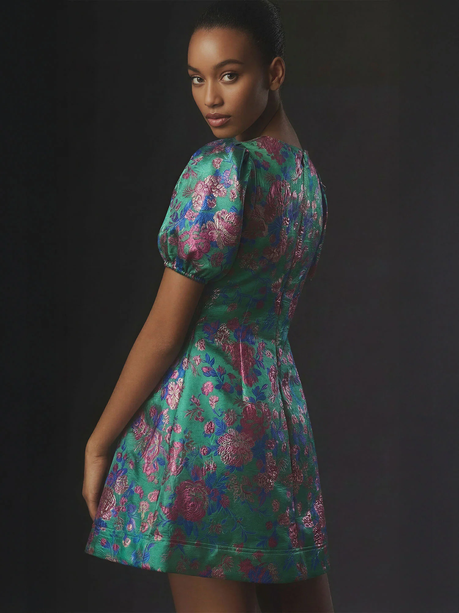 Short Puff Sleeve Jacquard Bow Mini Dress - Image 7