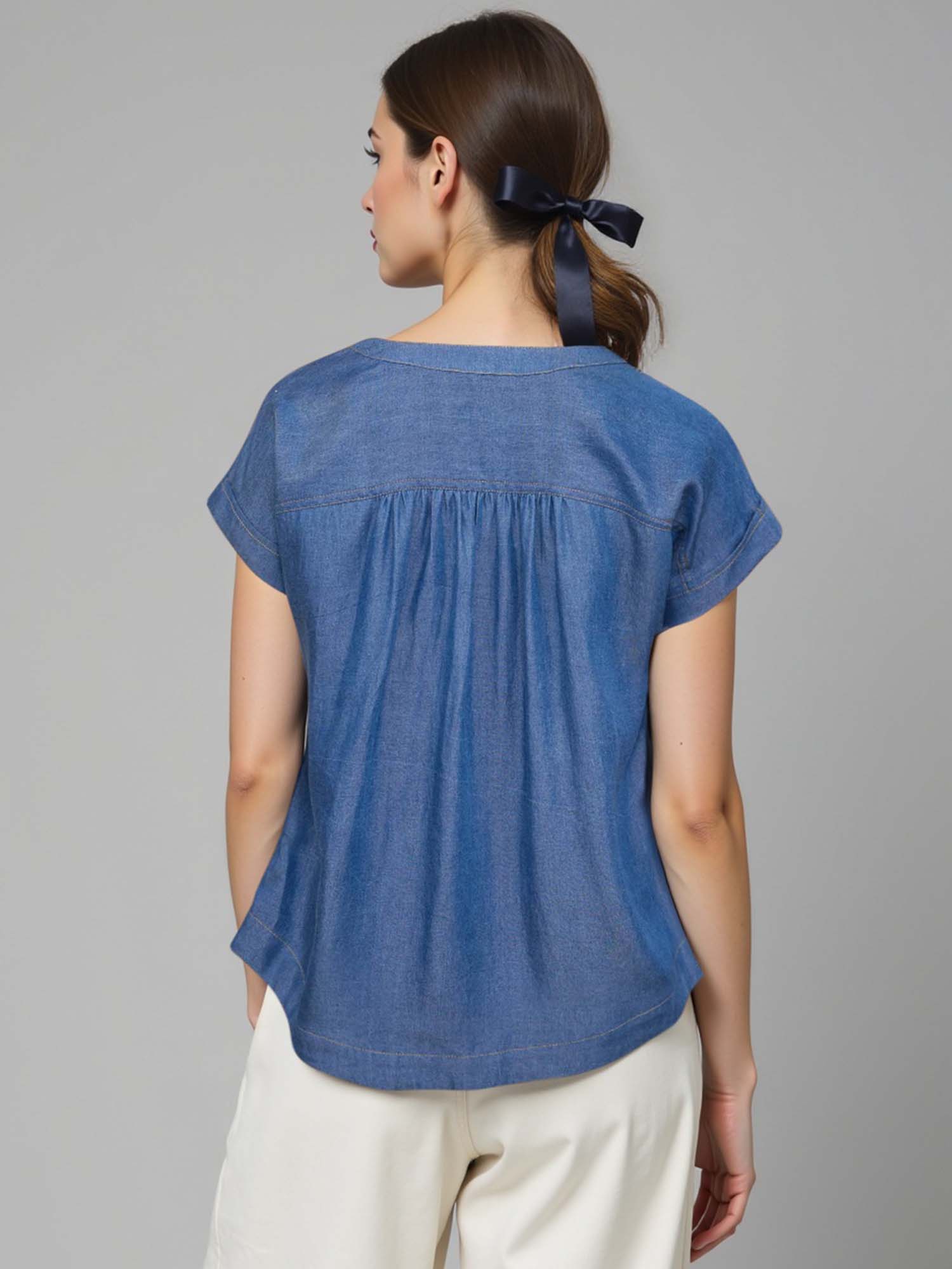 Short Sleeve Button Down Denim Shirt - Image 3