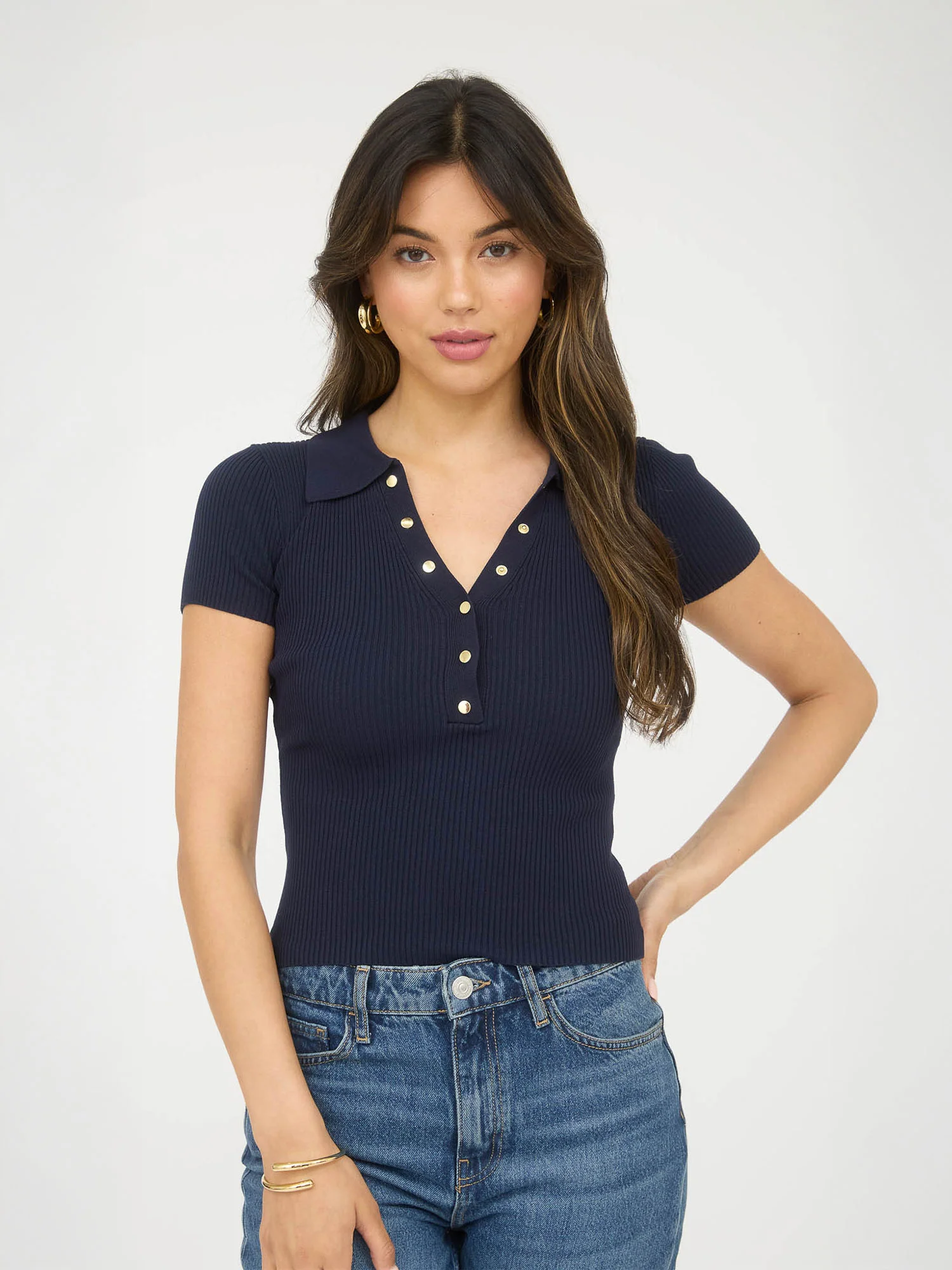 Short Sleeve Collared V Button Knit Top - Image 4