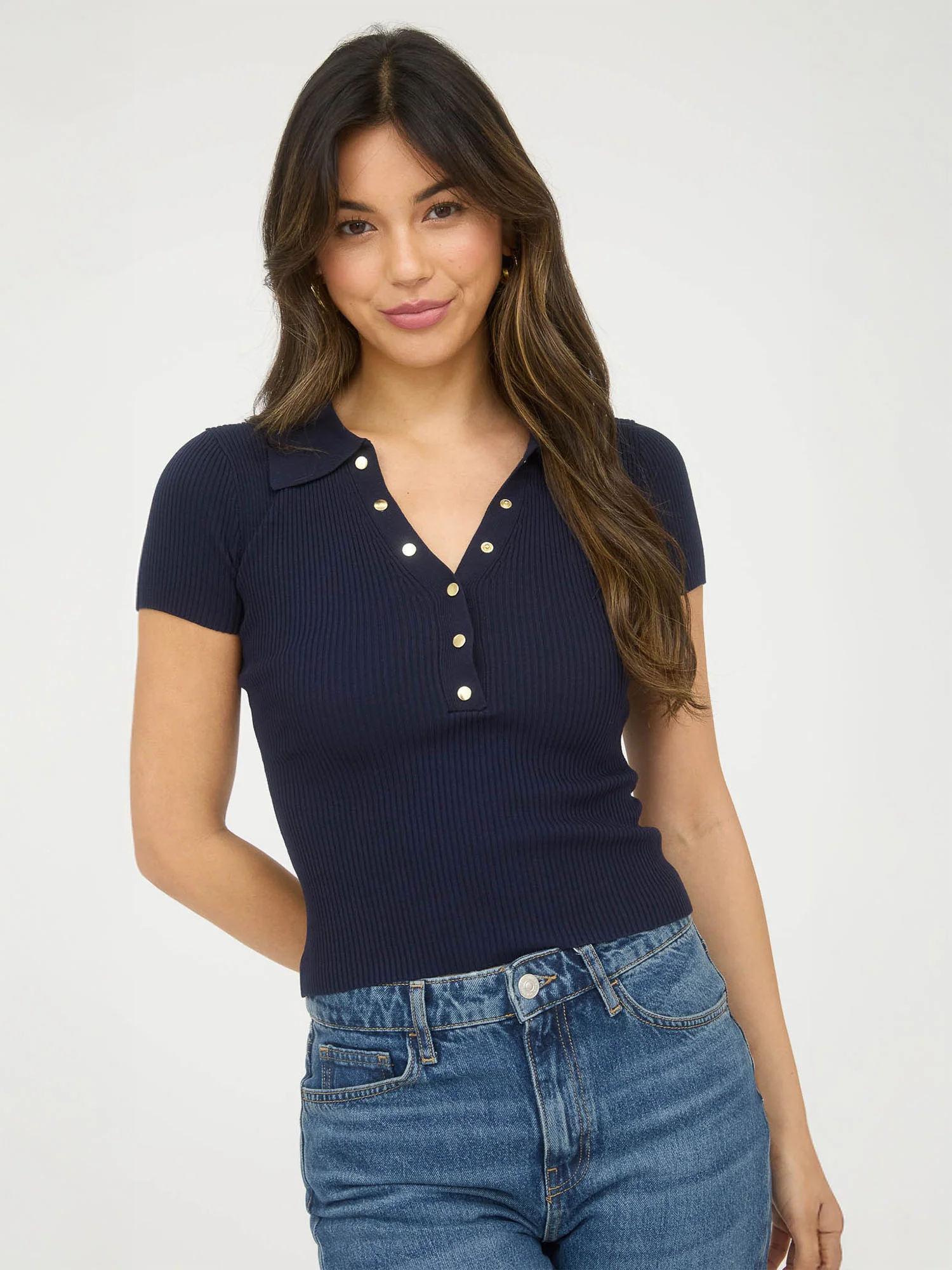 Short Sleeve Collared V Button Knit Top - Image 7