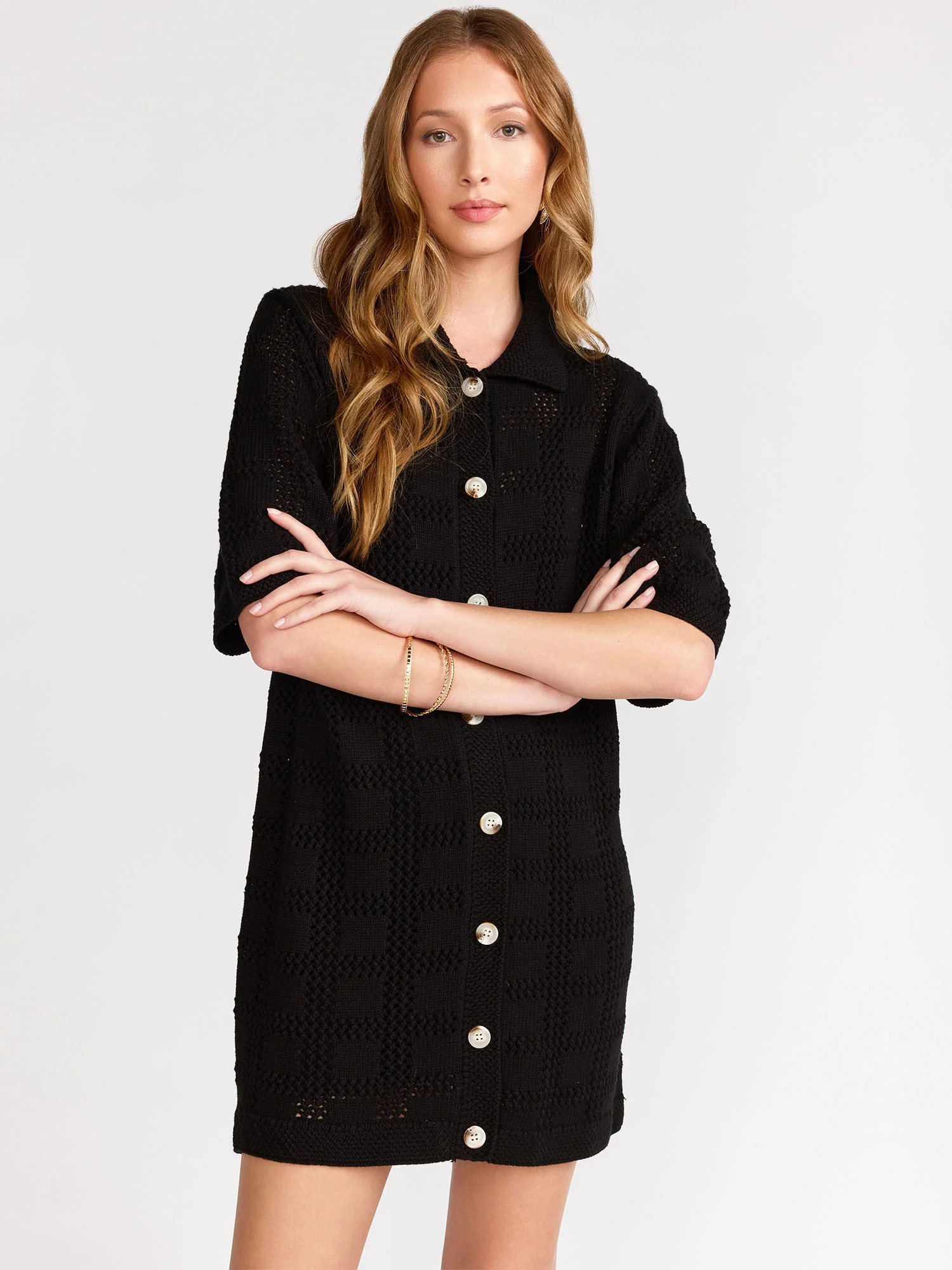 Short-Sleeve Crochet Button Down Mini Dress - Aaron & Amber - Image 2