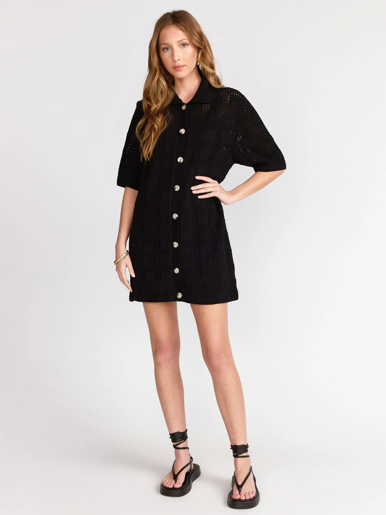 Short-Sleeve Crochet Button Down Mini Dress - Aaron & Amber - Image 3