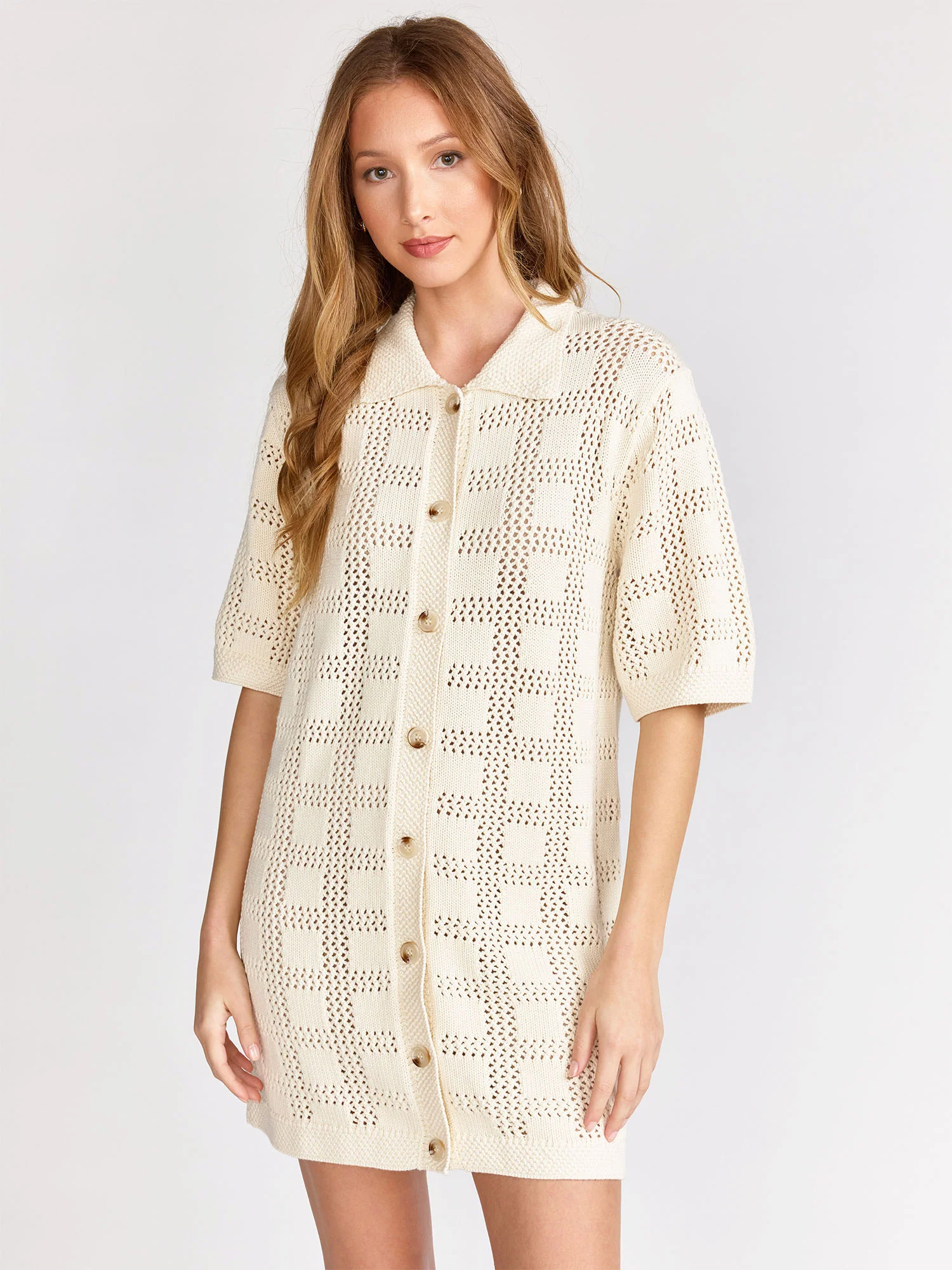 Short-Sleeve Crochet Button Down Mini Dress - Aaron & Amber - Image 7