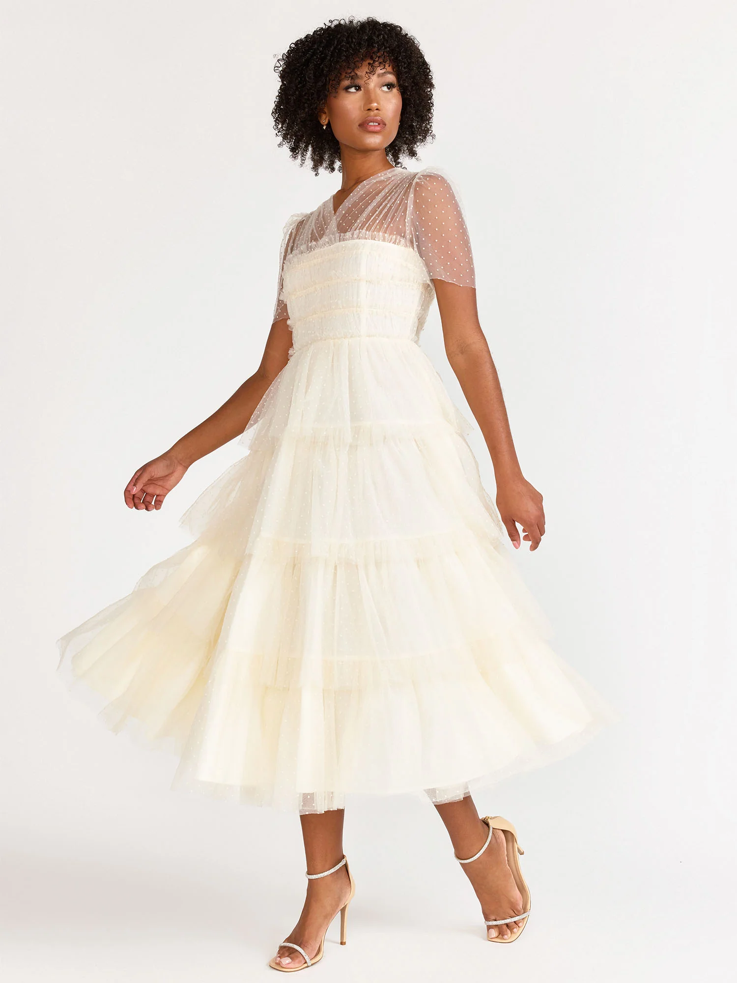 Short-Sleeve Flocked Mesh Smocked Midi Dress - Just Me - Image 2