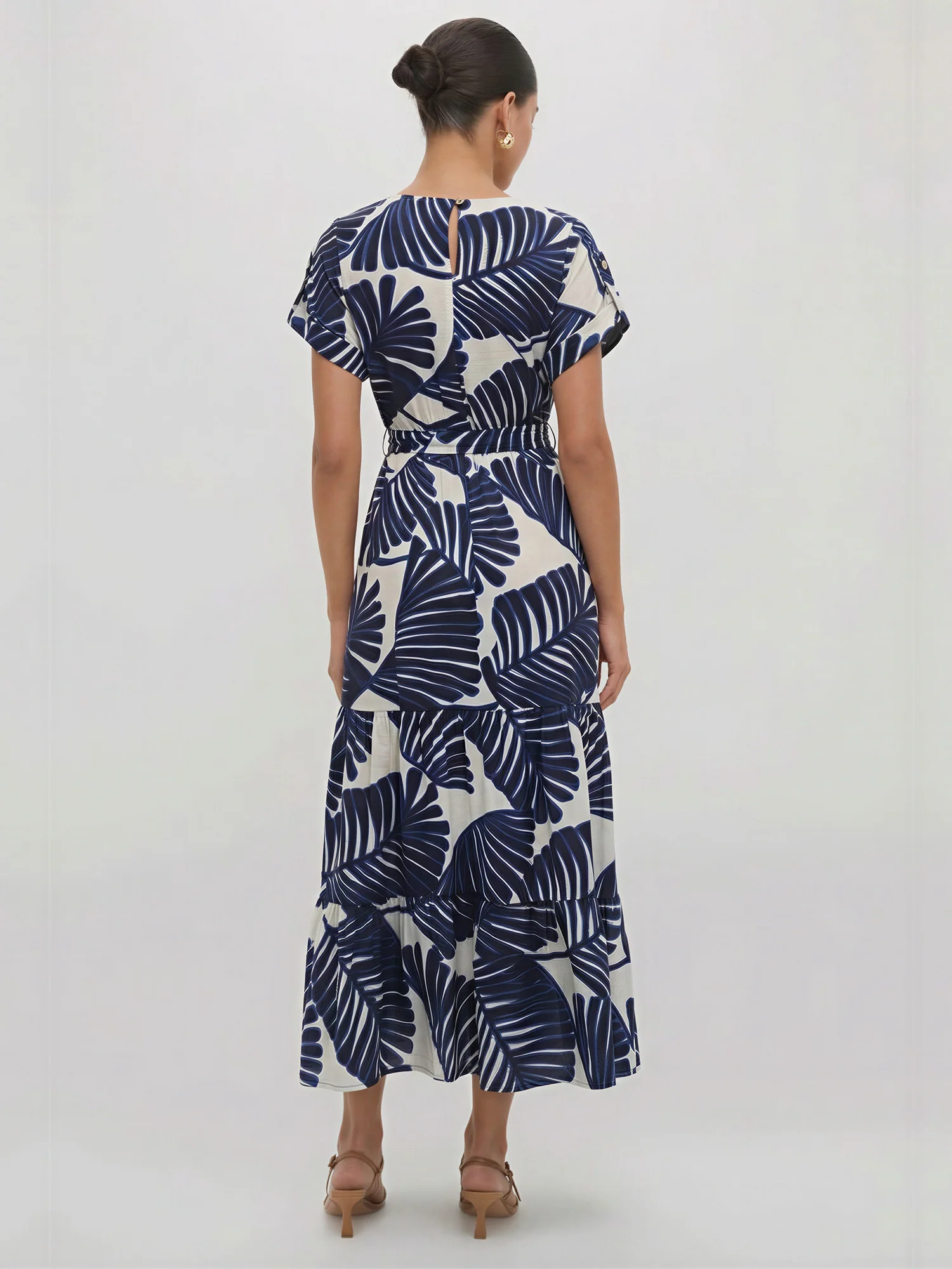 Short Sleeve Printed Tiered Woven Mid Dress - Image 3