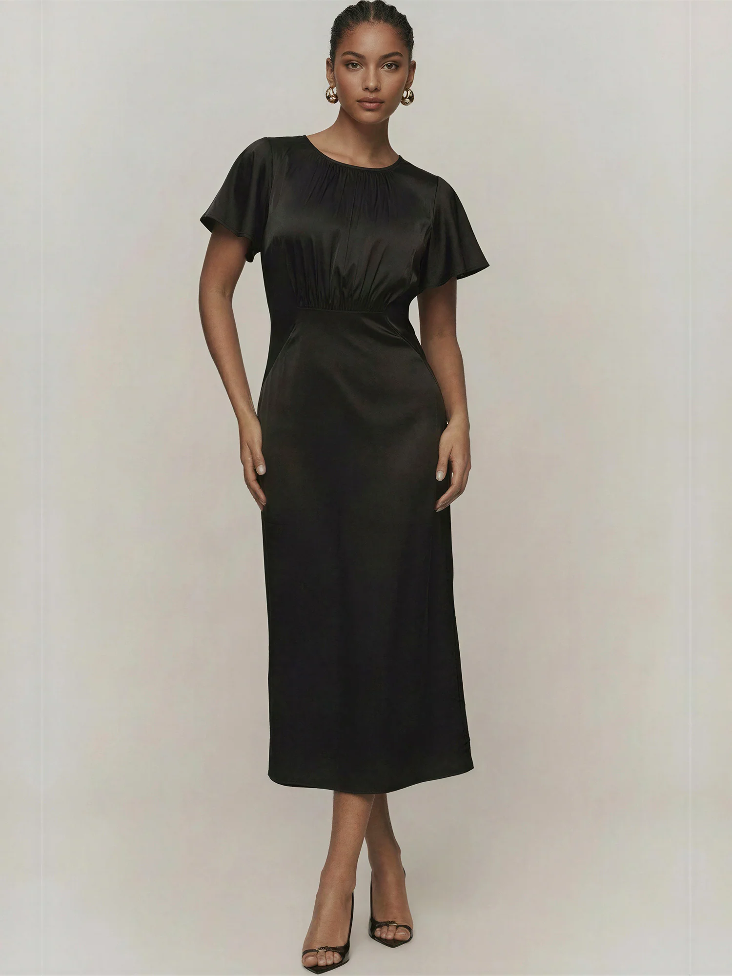 Short Sleeve Round Neck Satin Midi Dress