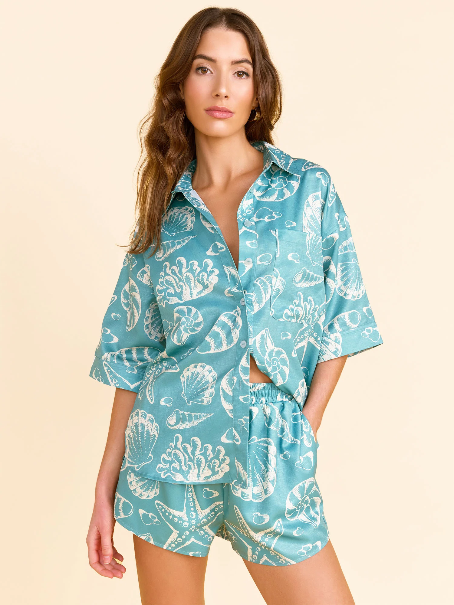 Short Sleeve Seashell Print Button Up Top - Lena - Image 2