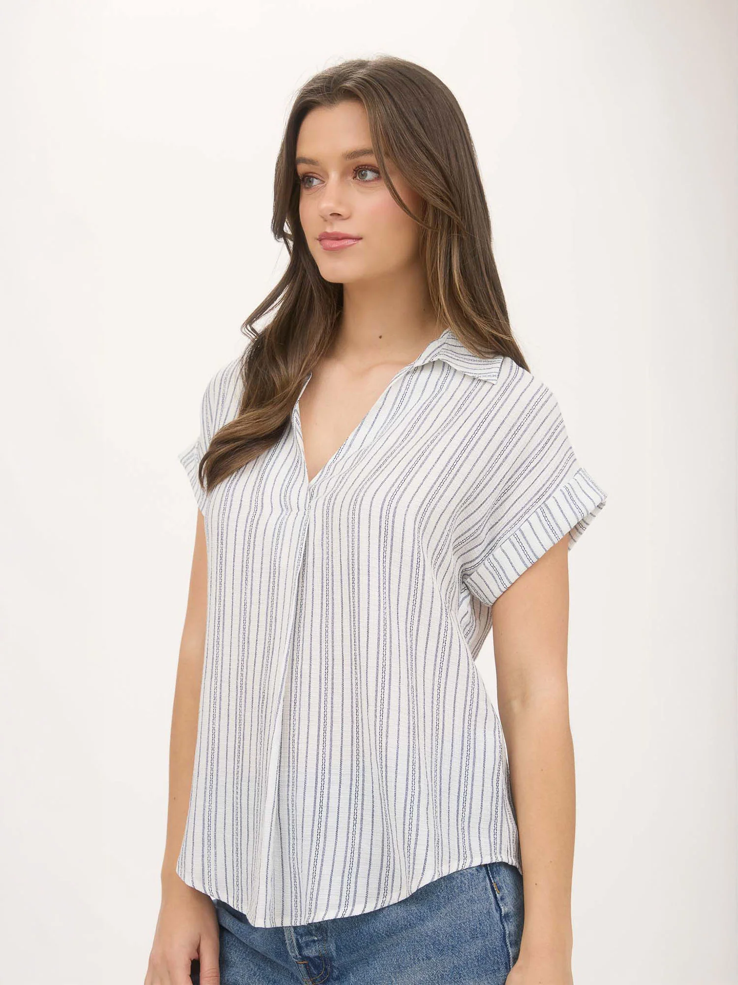 Short Sleeve Stripe Collared Popover Shirt - Image 11