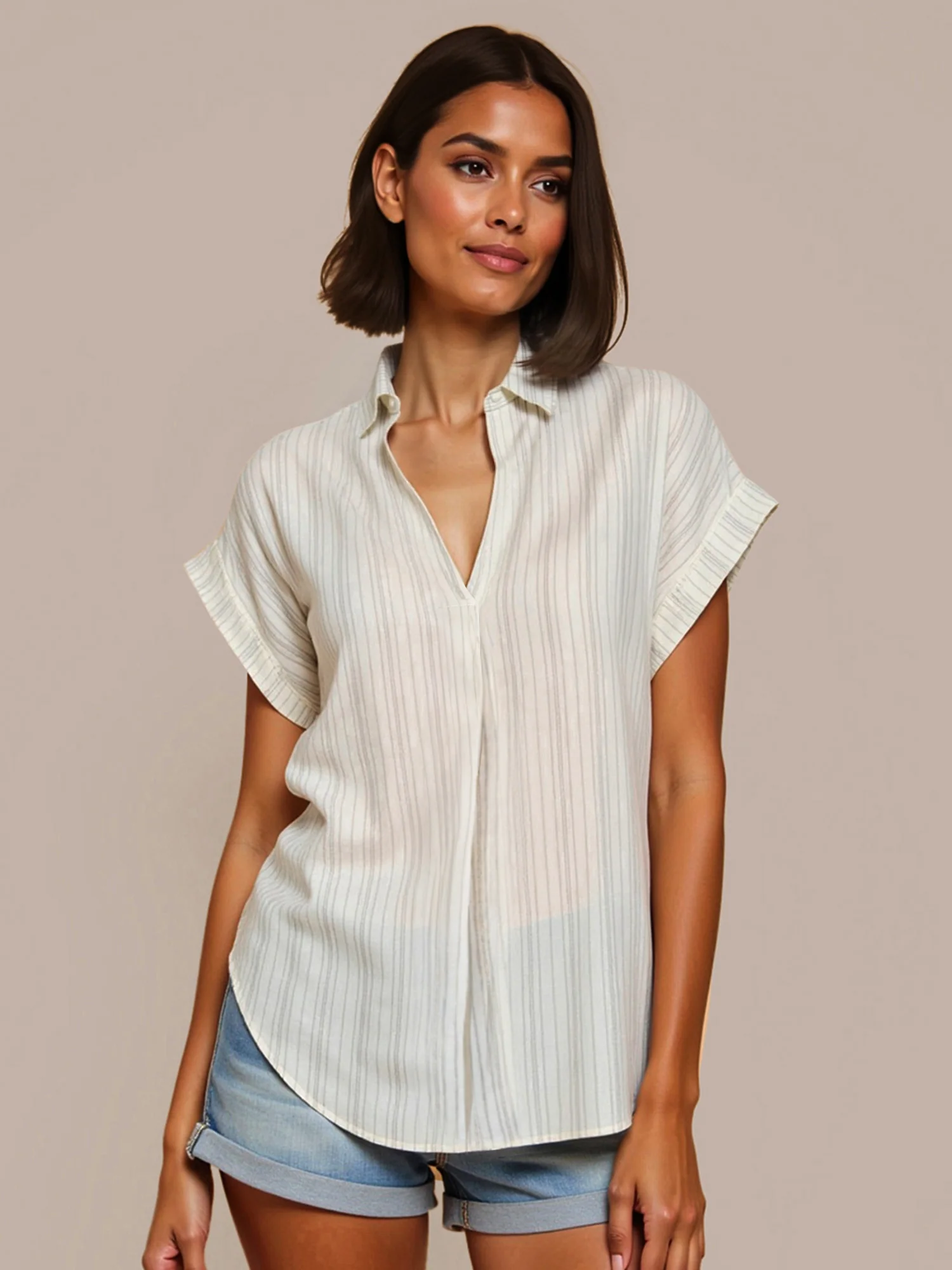 Short Sleeve Stripe Collared Popover Shirt - Image 14