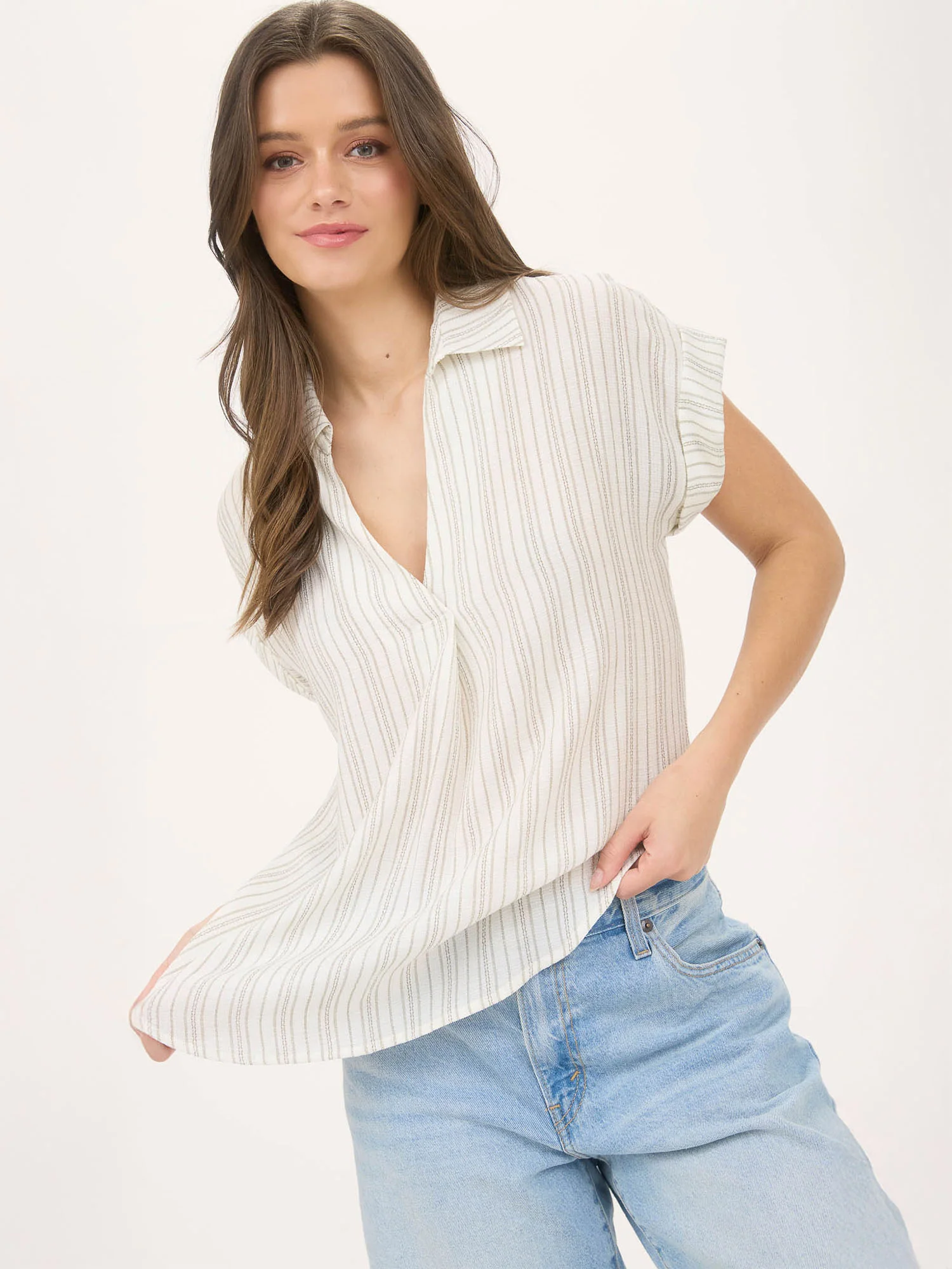 Short Sleeve Stripe Collared Popover Shirt - Image 19