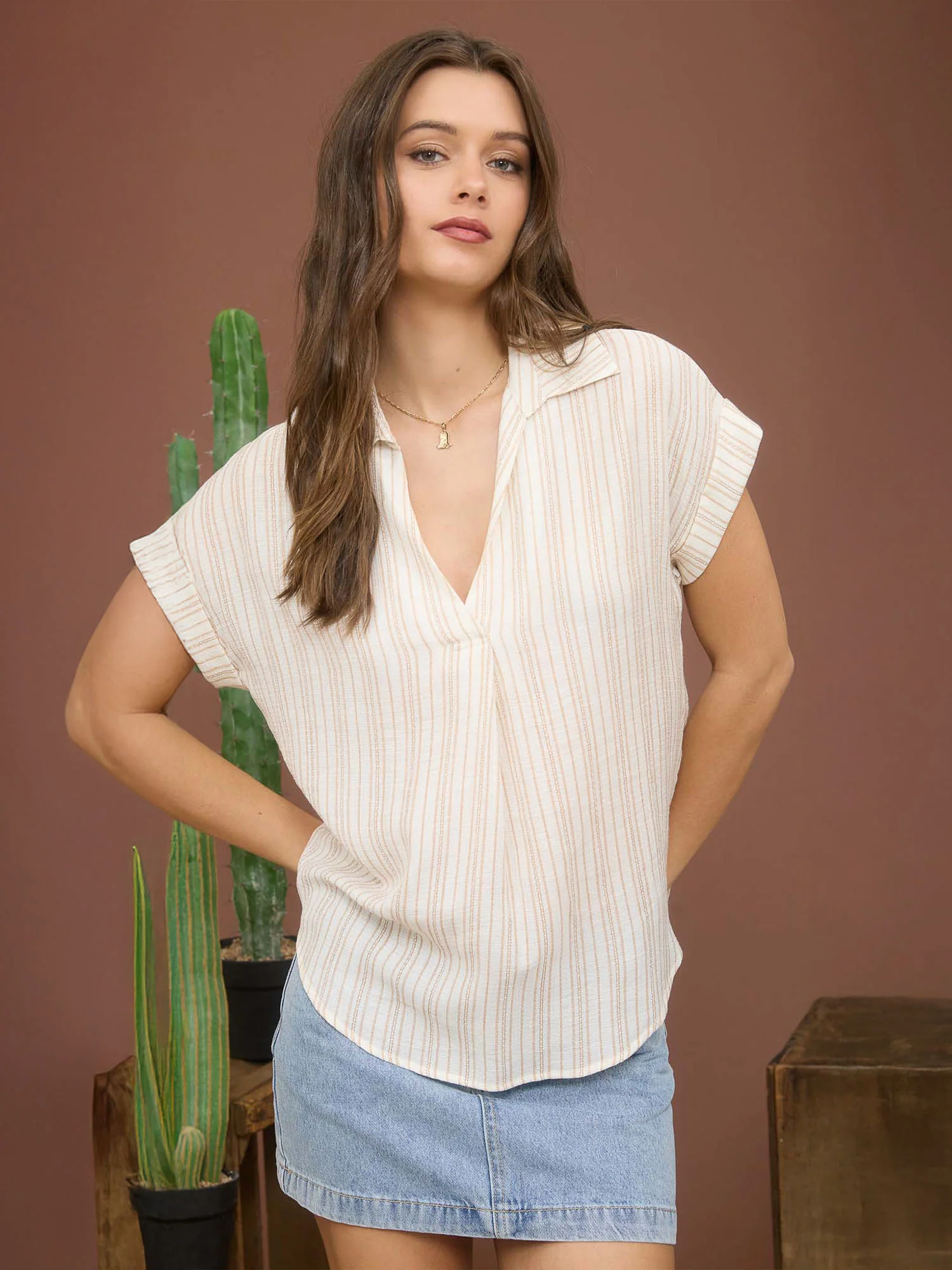 Short Sleeve Stripe Collared Popover Shirt - Image 6