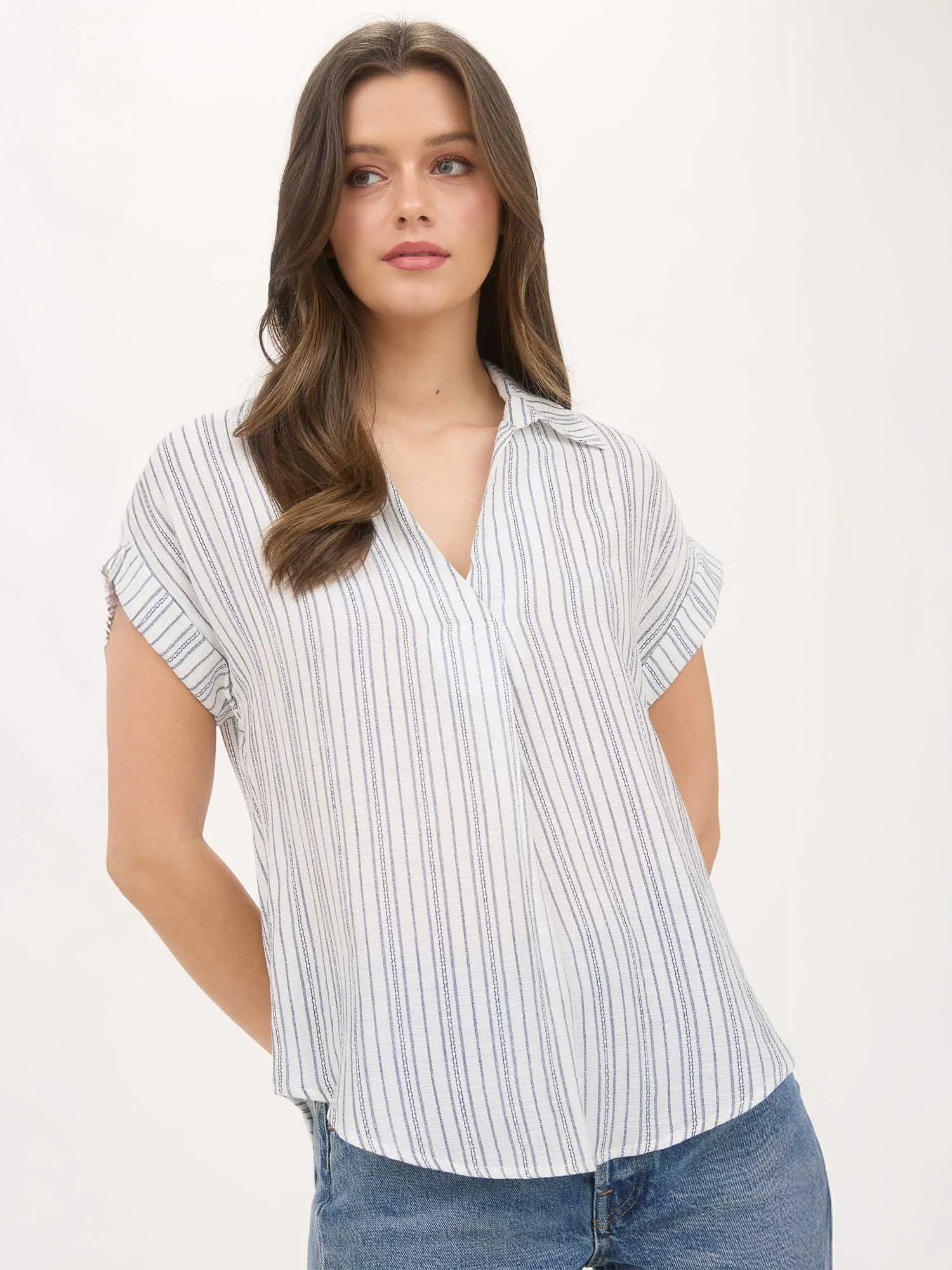 Short Sleeve Stripe Collared Popover Shirt - Image 9