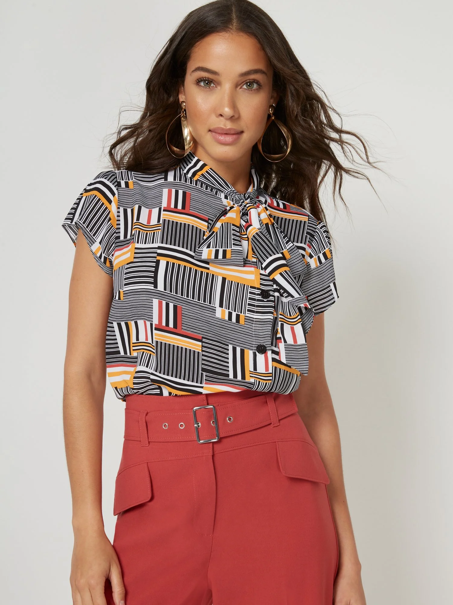 Side Button Bow Stripe Blouse - 7th Avenue - Image 2