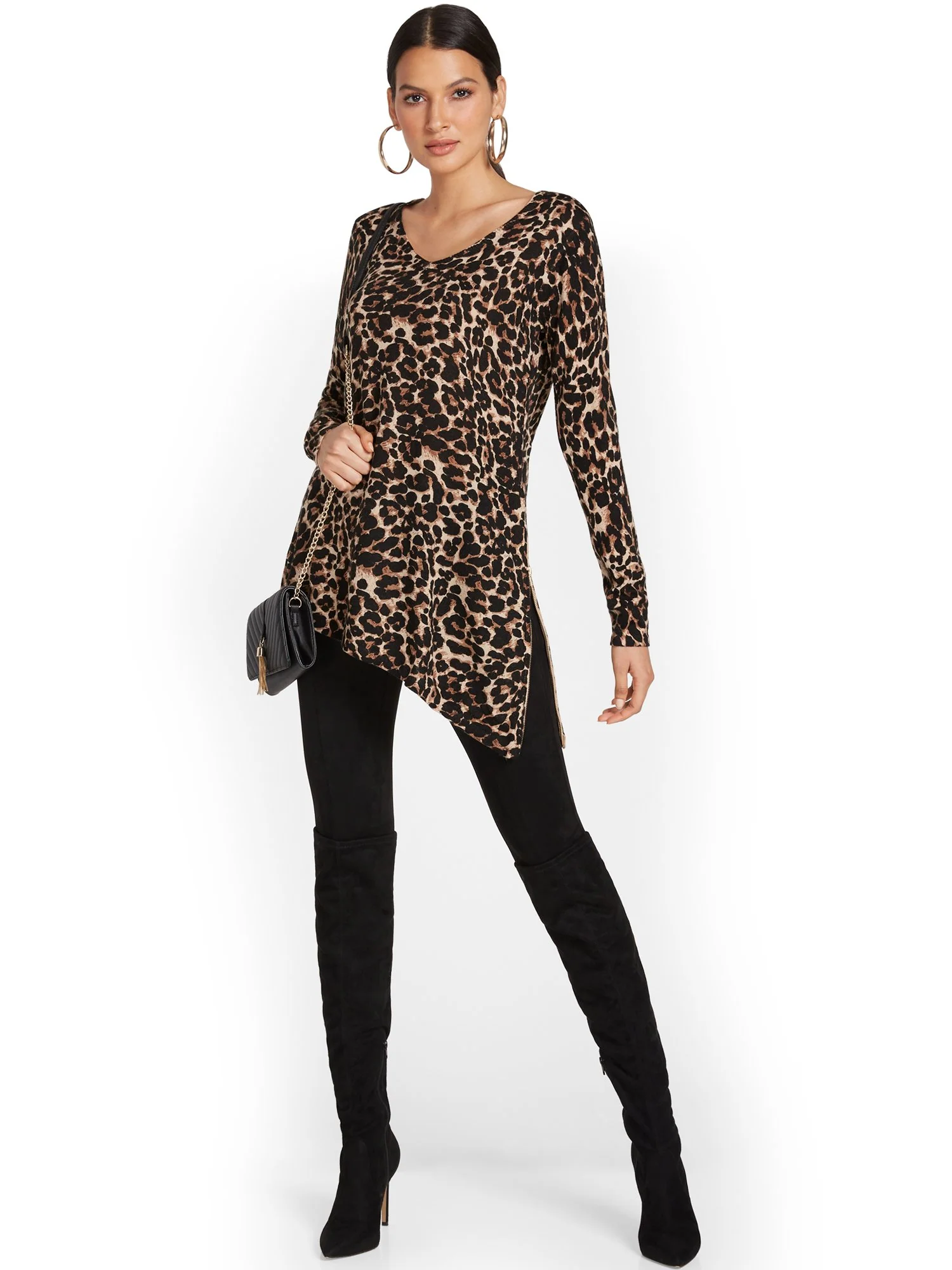 Side-Zip Tunic Sweater - Leopard - Image 2