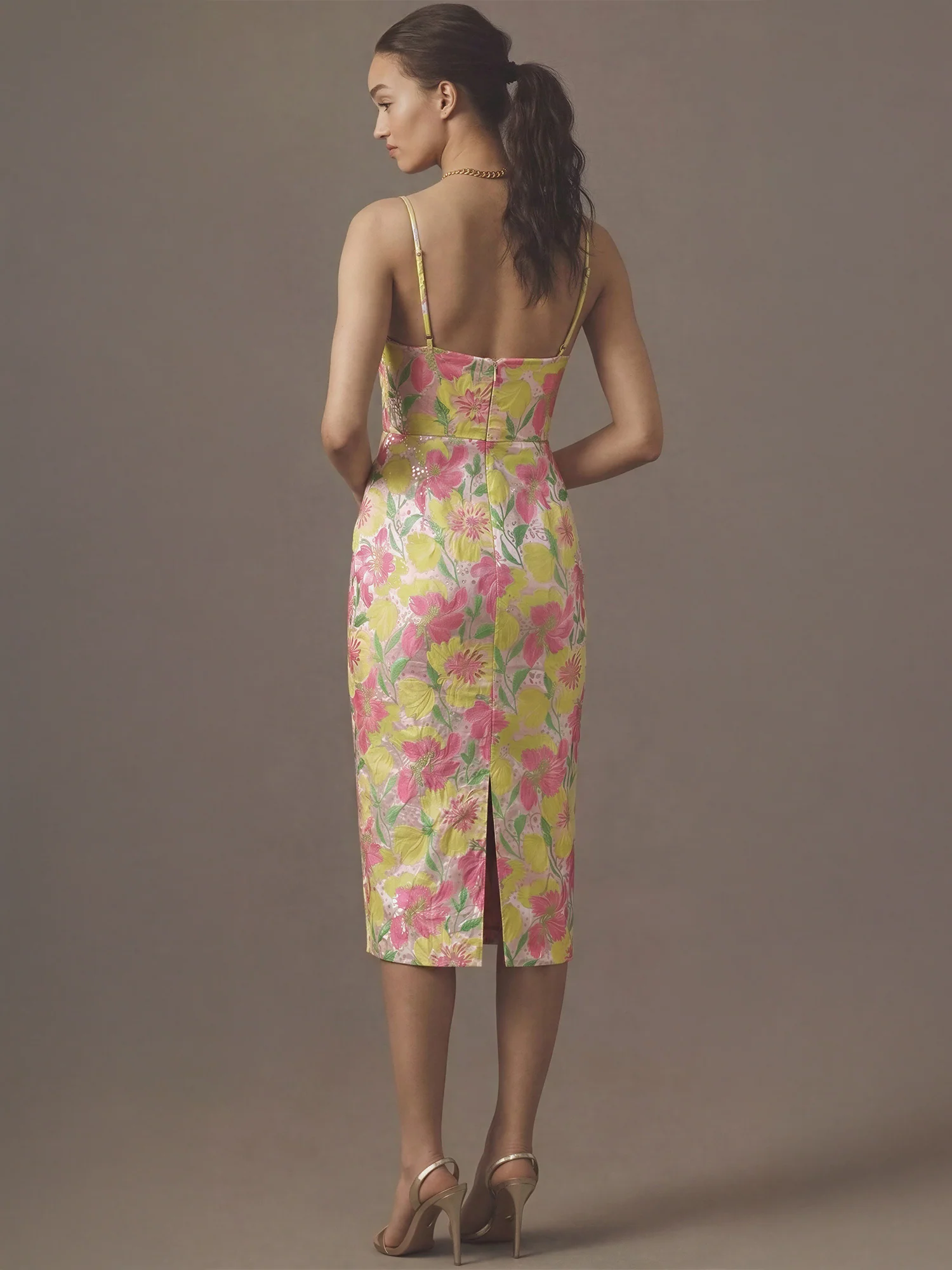 Floral Jacquard Slit Midi Cocktail Dress - Image 3