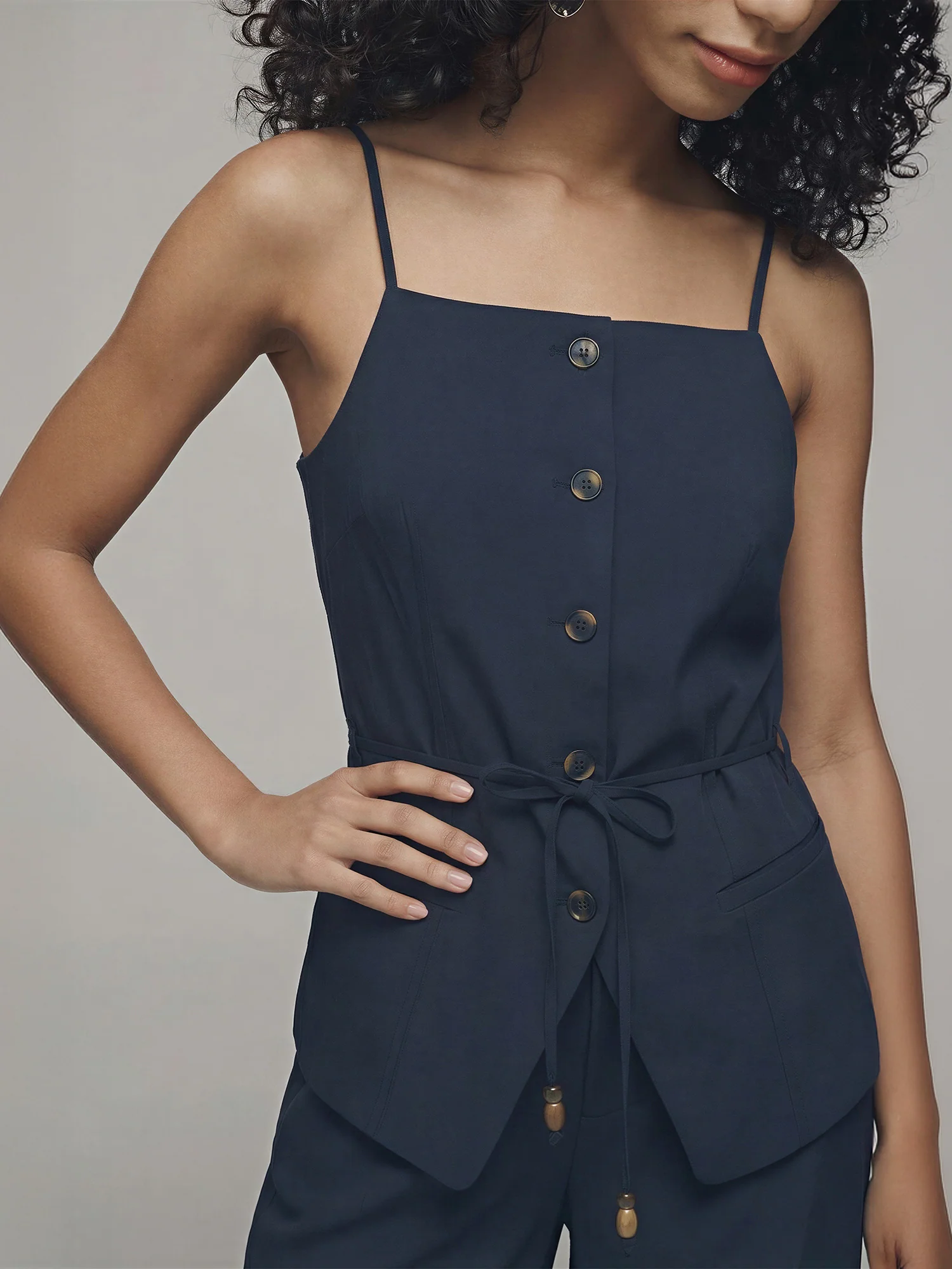 Sleeveless Halter Neck Button Down Tie Waist Top - Image 2