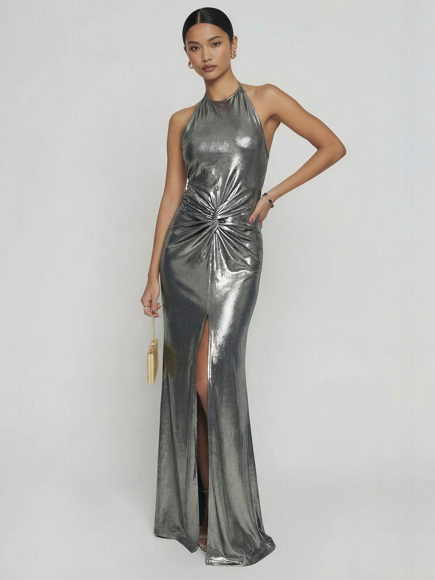 Halter Neck Twist Metallic Slit Gown