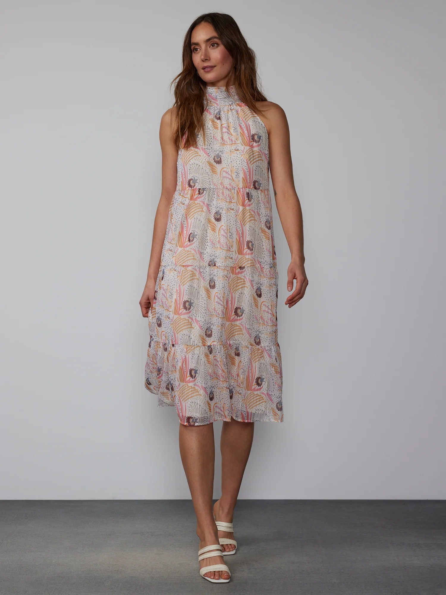 Halter Neck Tiered Lurex Paisley Midi Dress