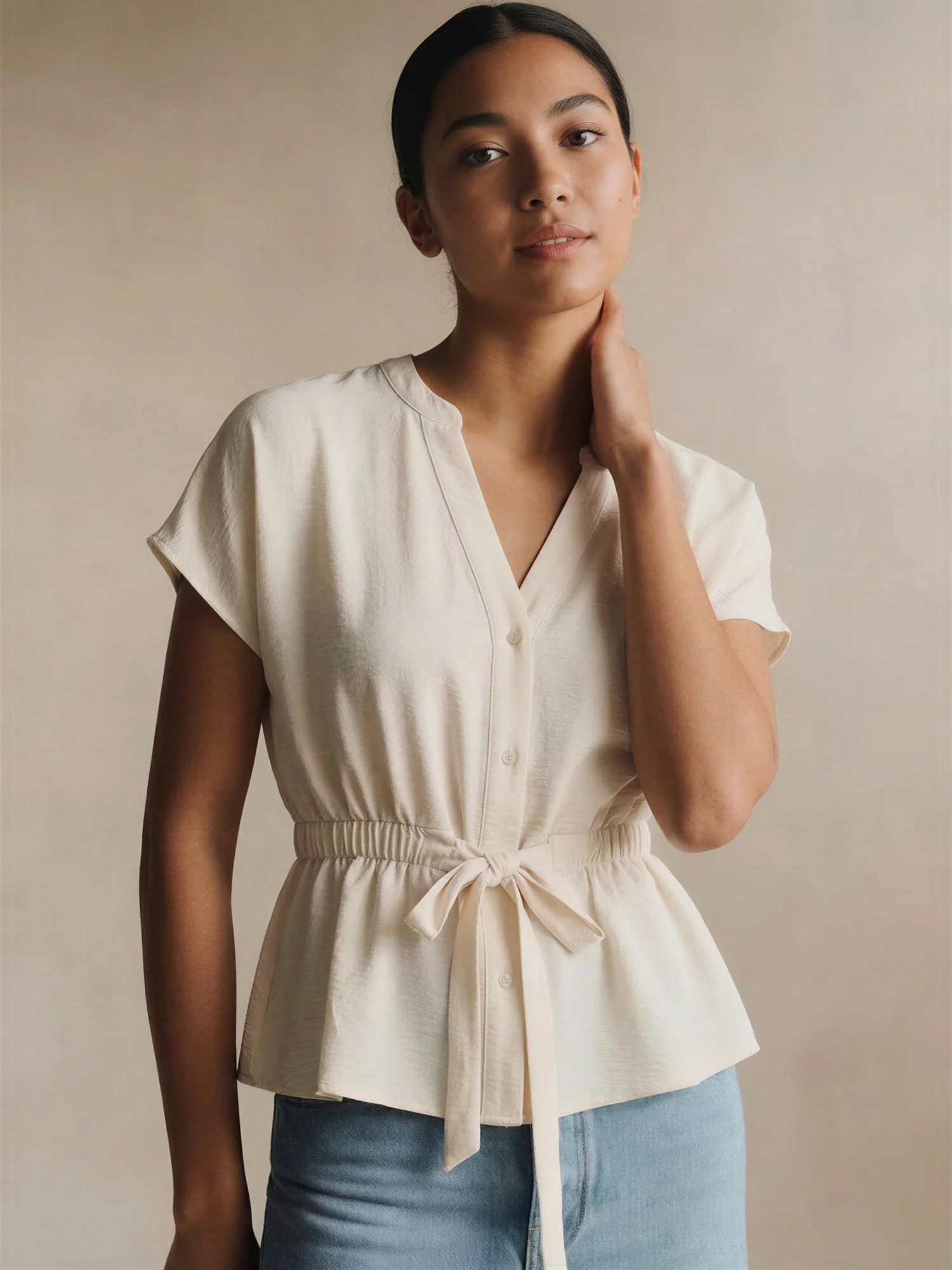 Sleeveless Mandrian Collar Crepe Drawstring Pull Shirt - Image 2