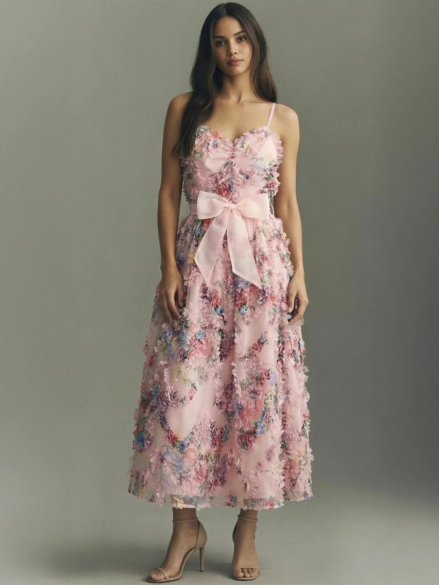 Princess Seam Floral Ruffle Midi Dress