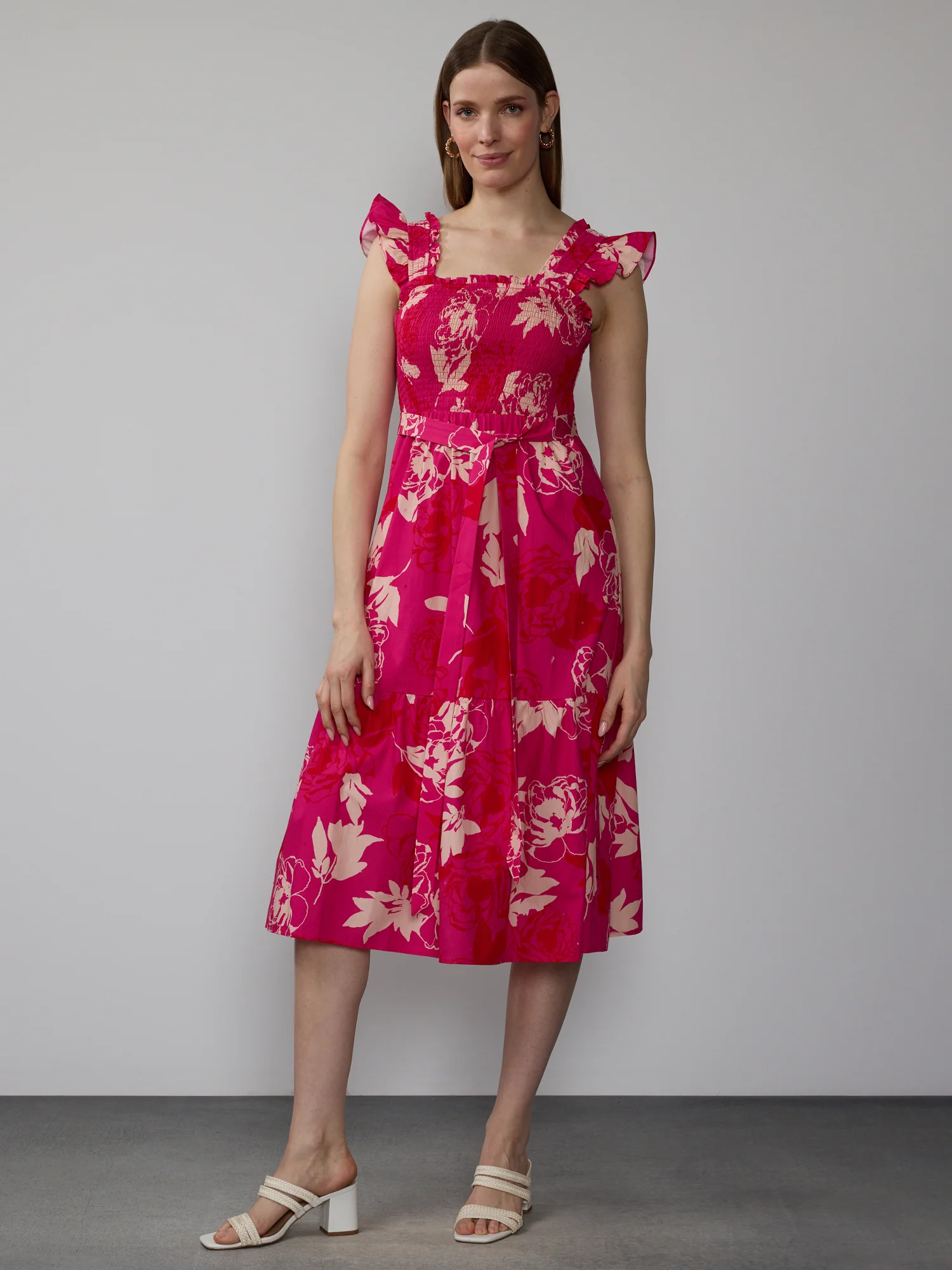 Sleeveless Belted Floral Midi Dress