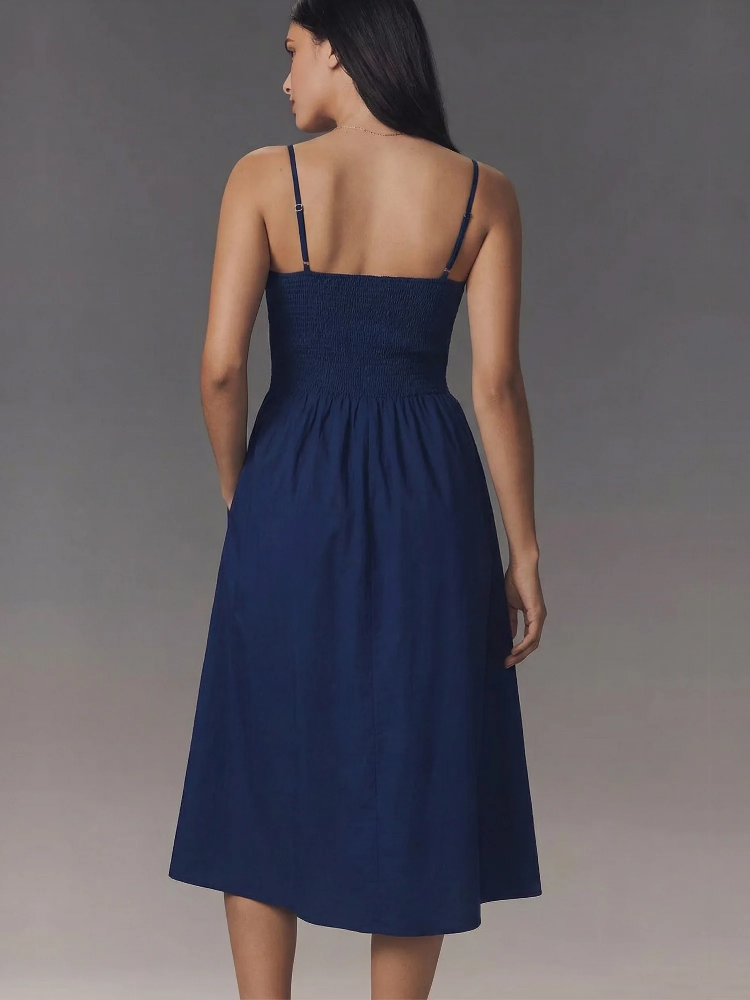 Sleeveless Smocked Bodice Cotton Poplin Midi Sun Dress - Image 3