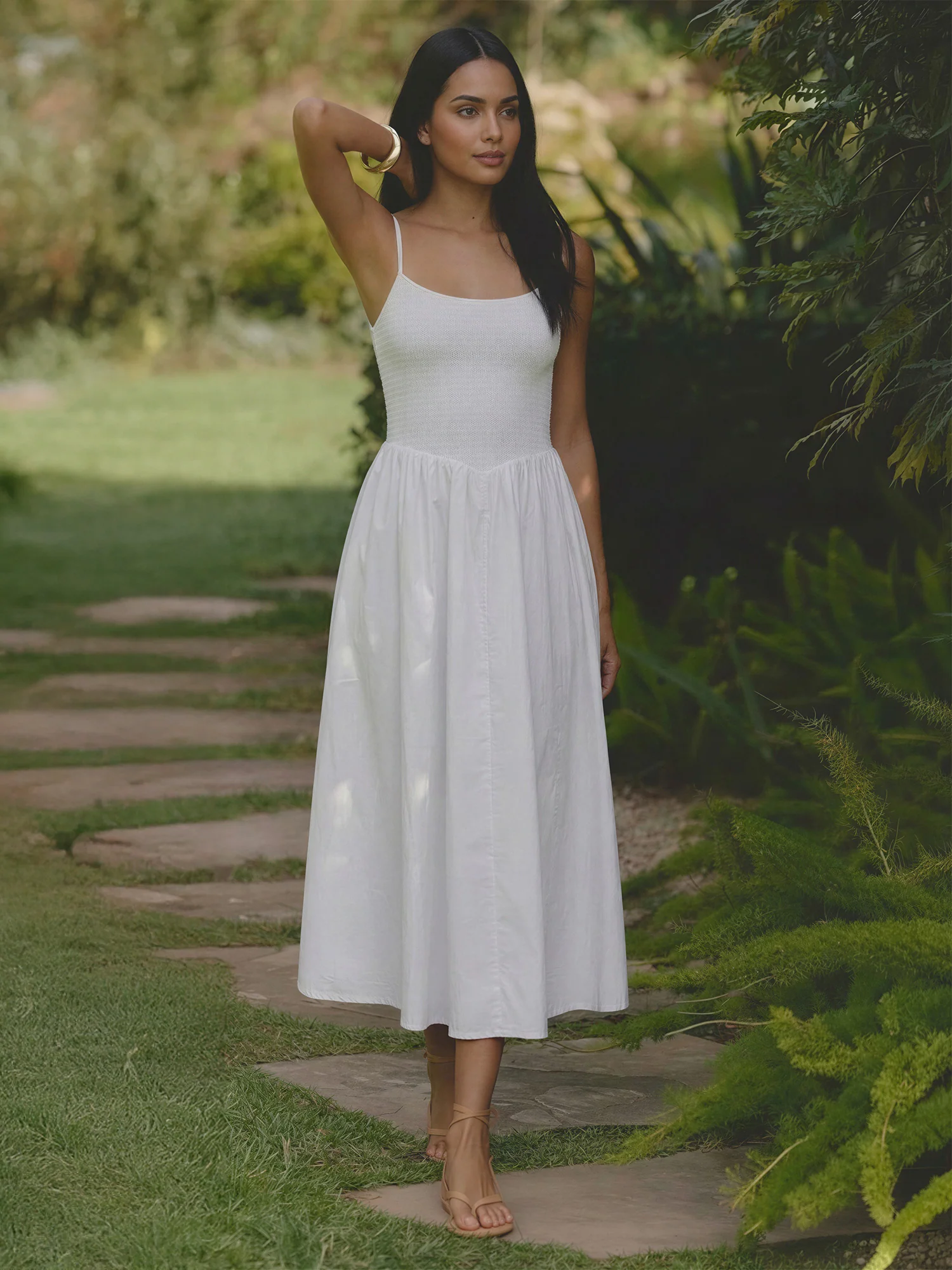 Sleeveless Smocked Bodice Cotton Poplin Midi Sun Dress - Image 5