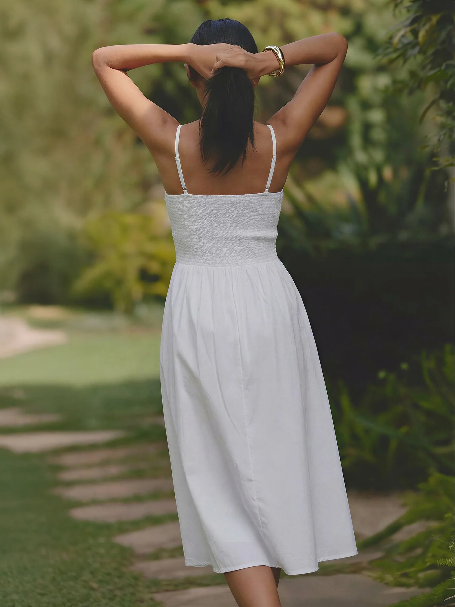 Sleeveless Smocked Bodice Cotton Poplin Midi Sun Dress - Image 7