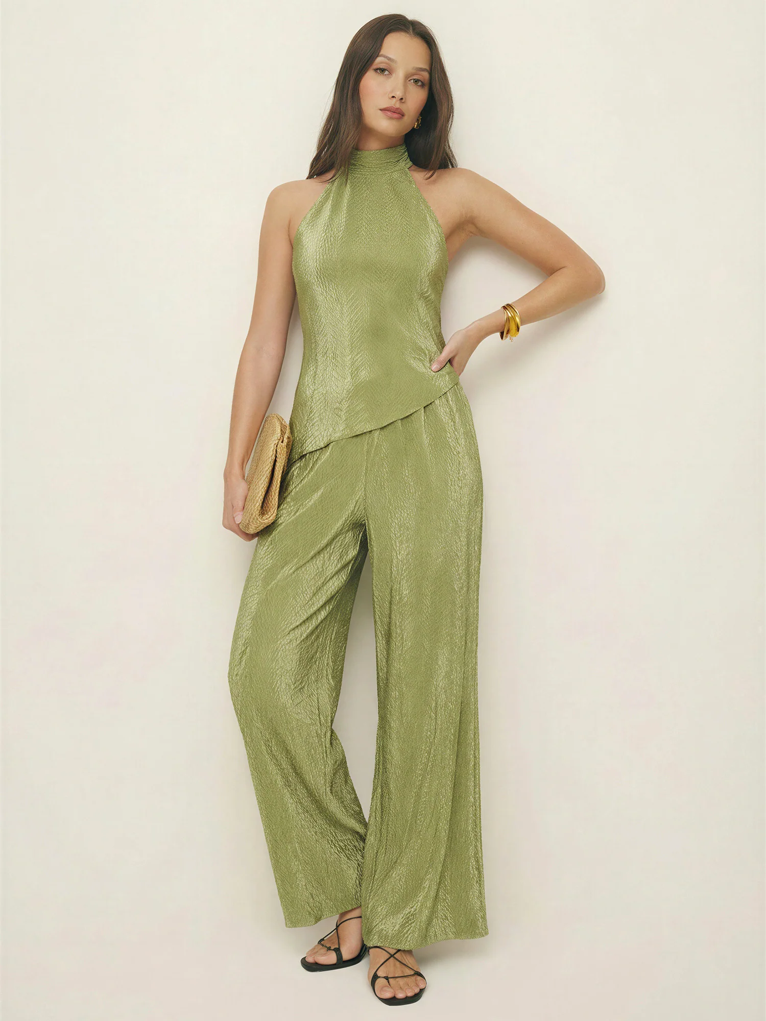 Satin Plisse Halter Neck Elastic Band Jumpsuit