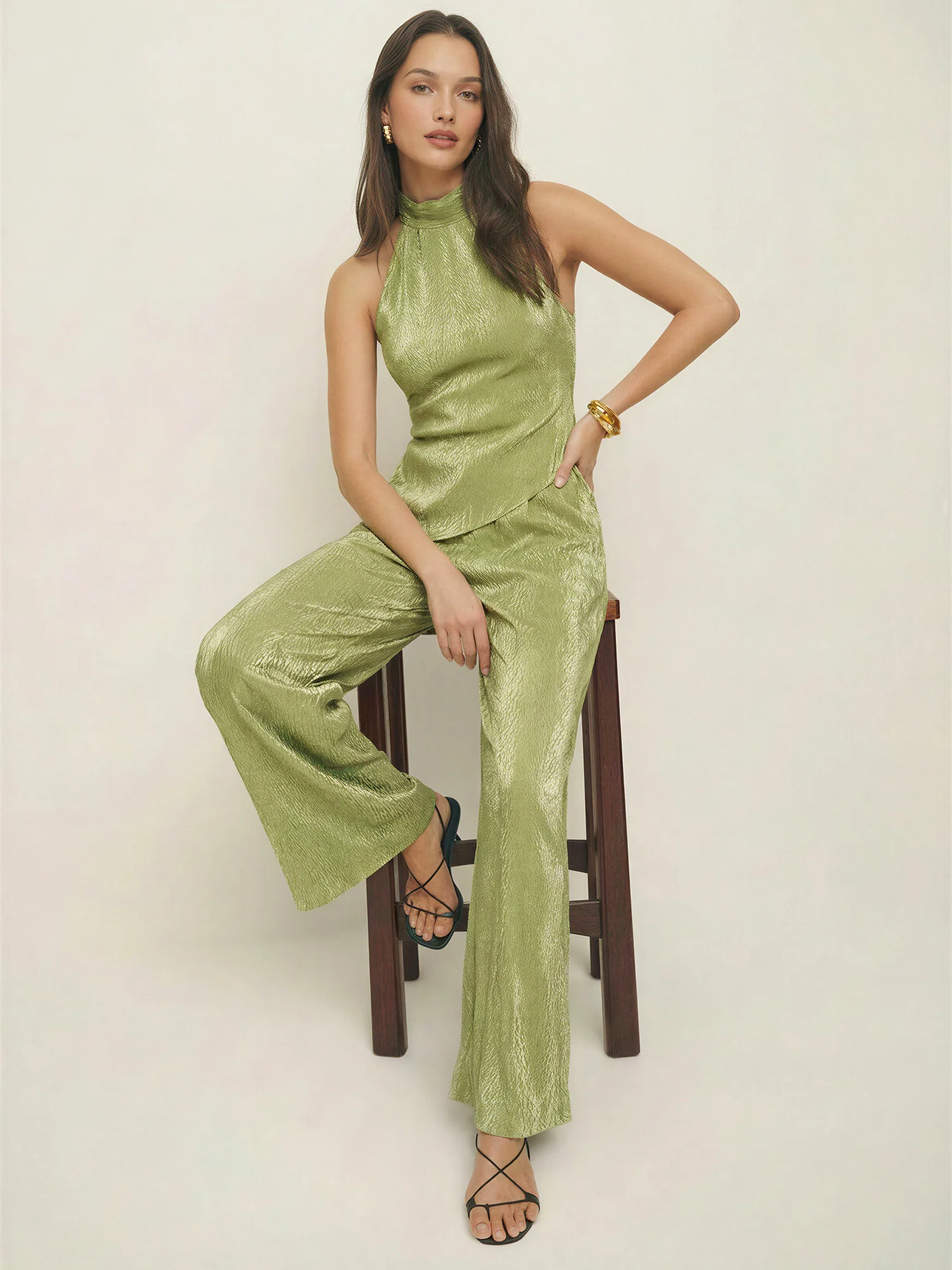 Satin Plisse Halter Neck Elastic Band Jumpsuit - Image 2