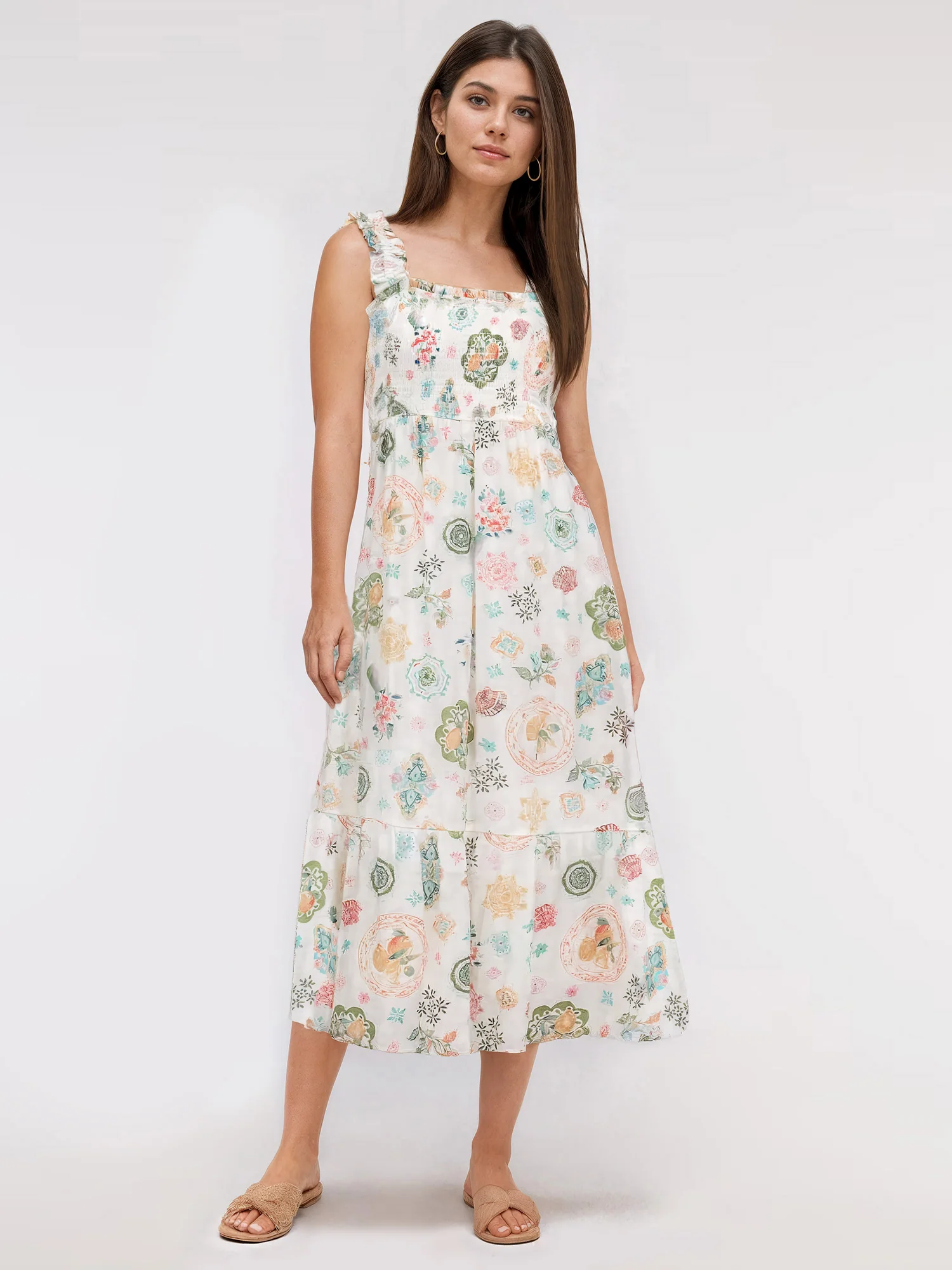 Smocked Bodice Novelty Seashell Midi Sun Dress