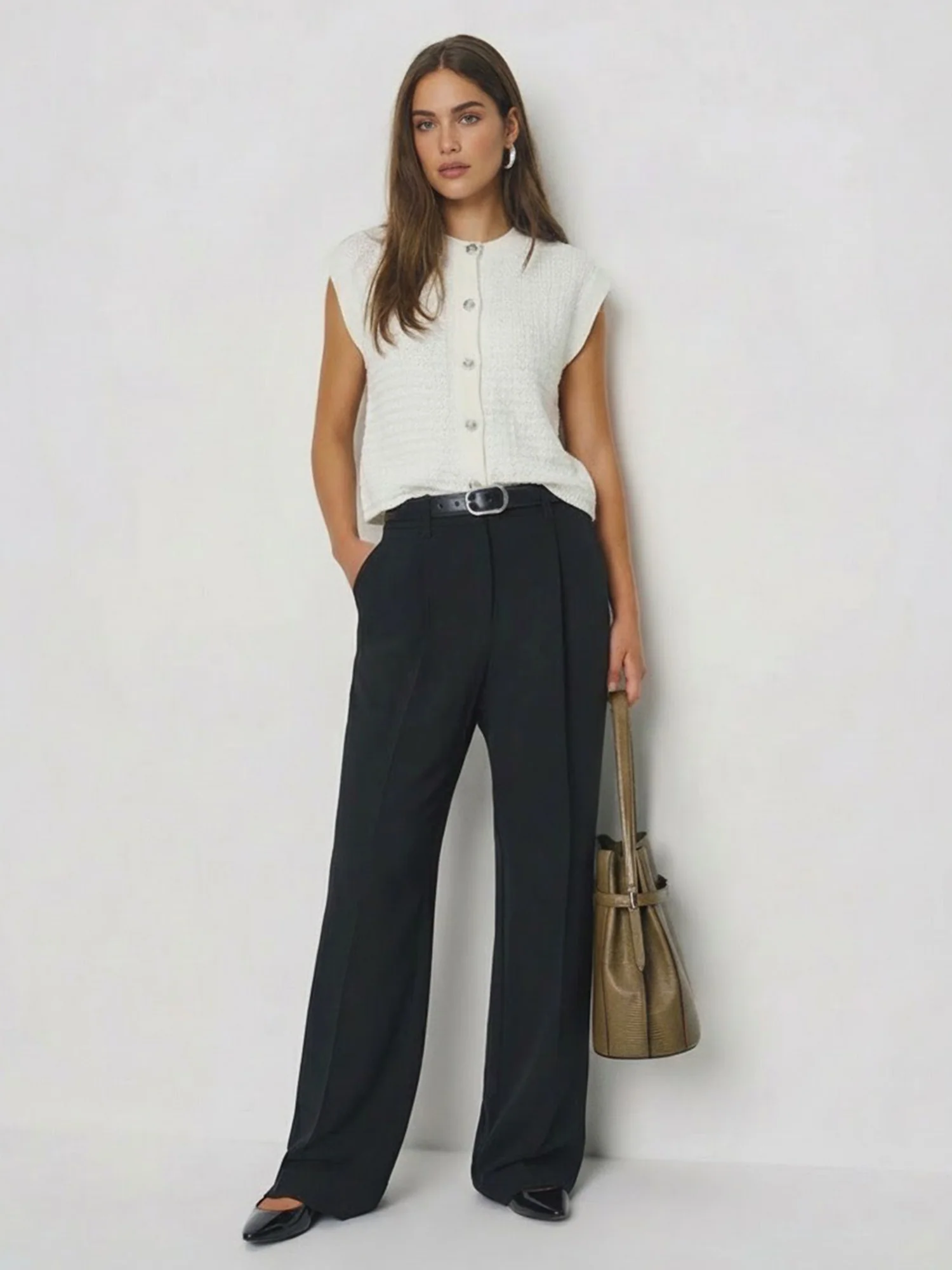 Sleeveless Textured Knit Lady Button Sweater Vest - Image 2
