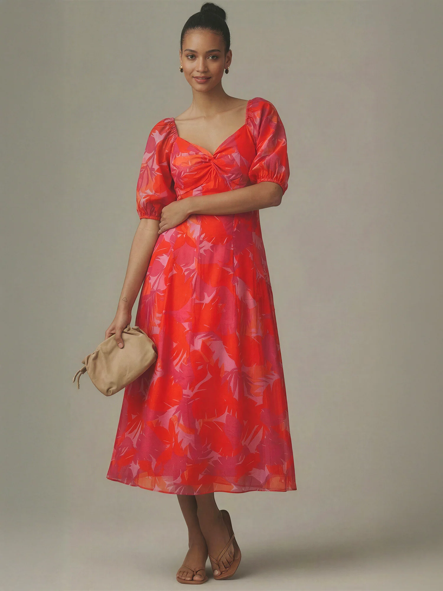 Short Sleeve Bold Floral Print Midi Dress